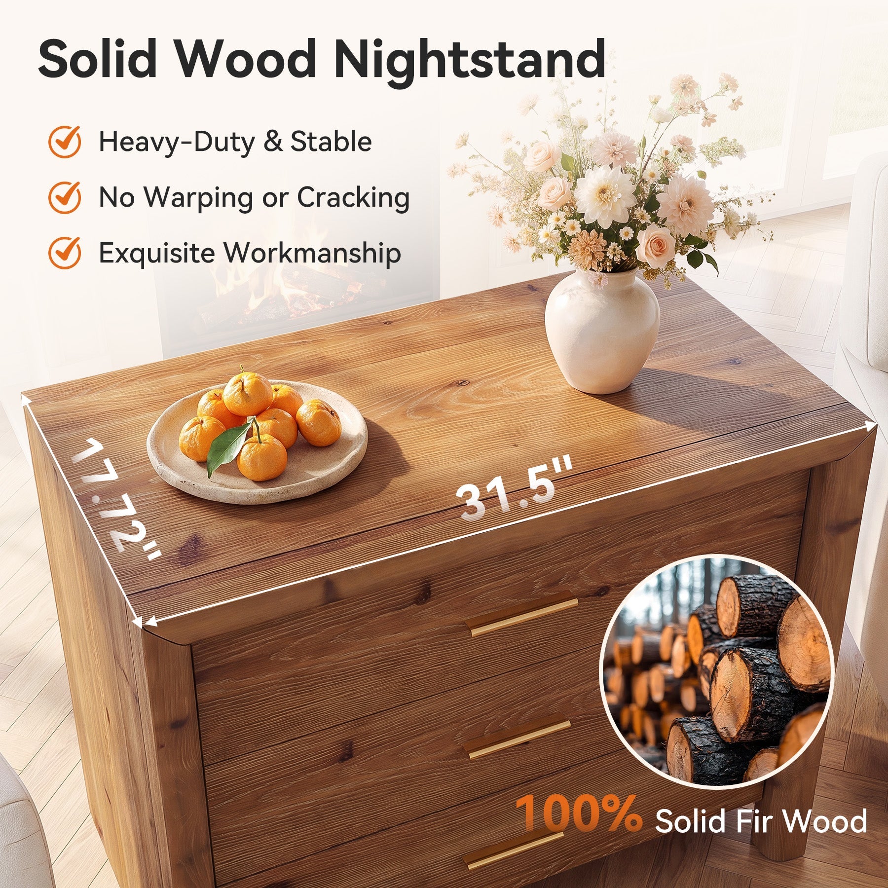 Solid Wood Nightstand with 3 Drawers, 31.5" Oversized Bedside Table for Bedroom