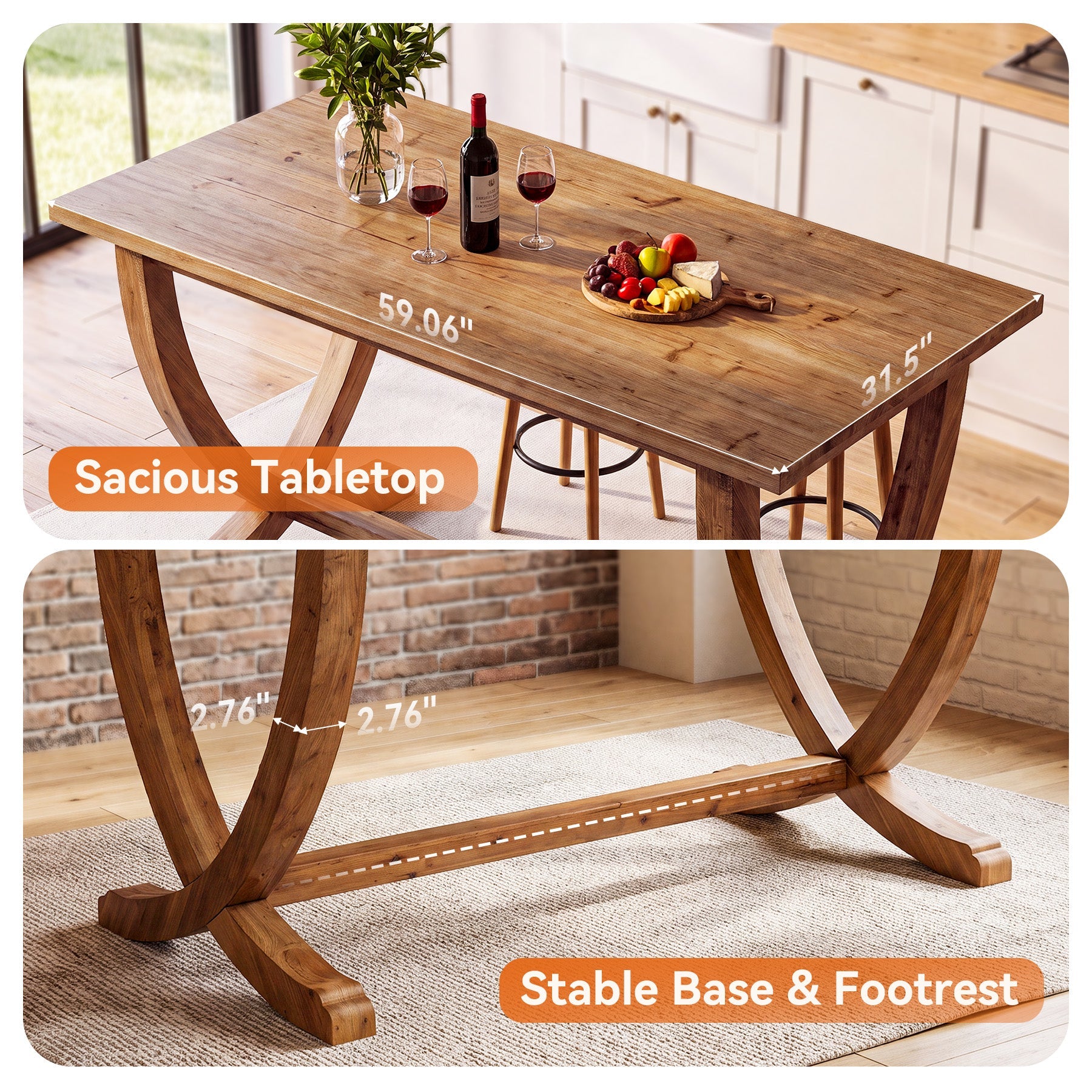 Solid Wood Counter Height Table, 59" Bar Table Farmhouse Dining Table for 4-6