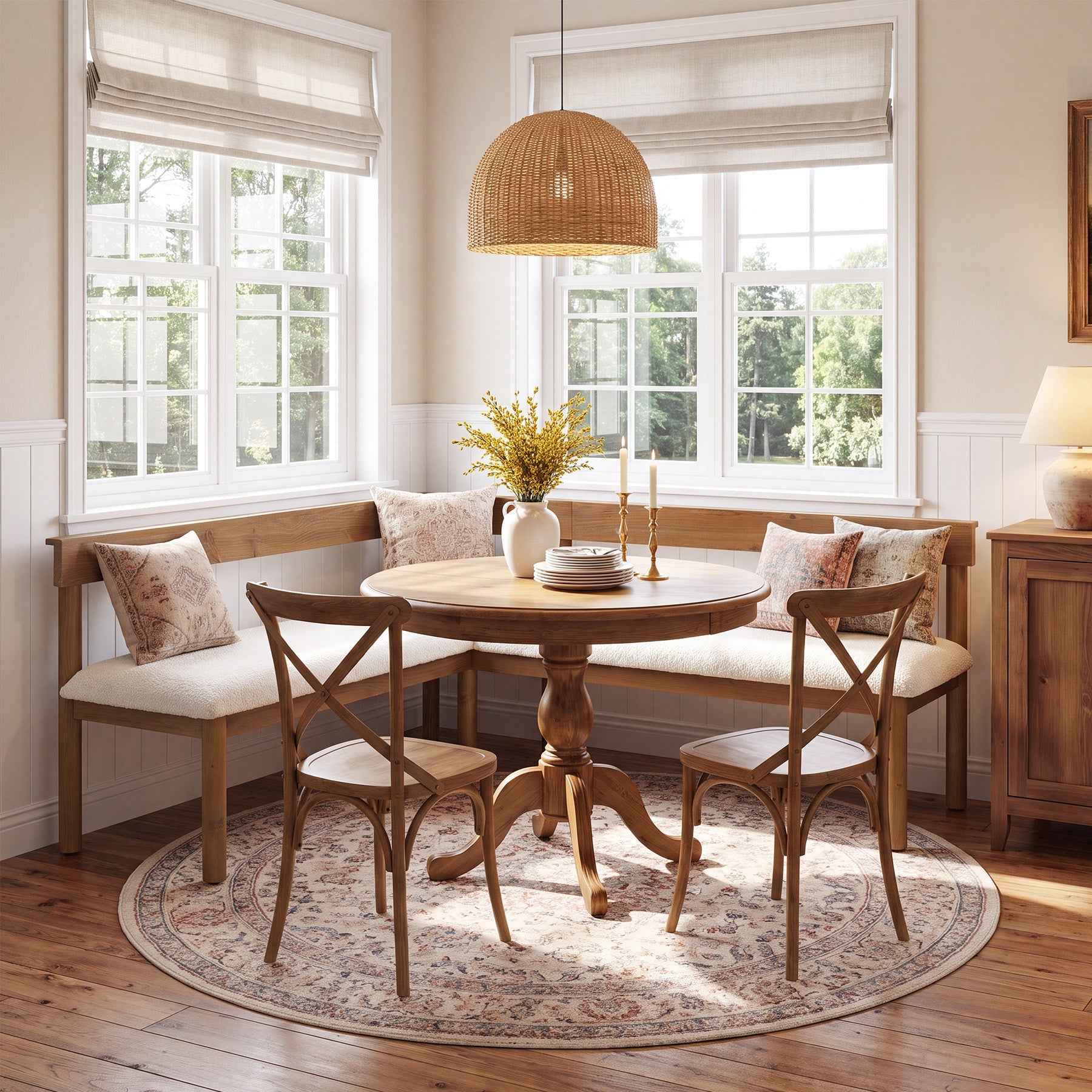 Solid Wood L-Shaped Bench, Upholstered Corner Kitchen Bench with Backrest
