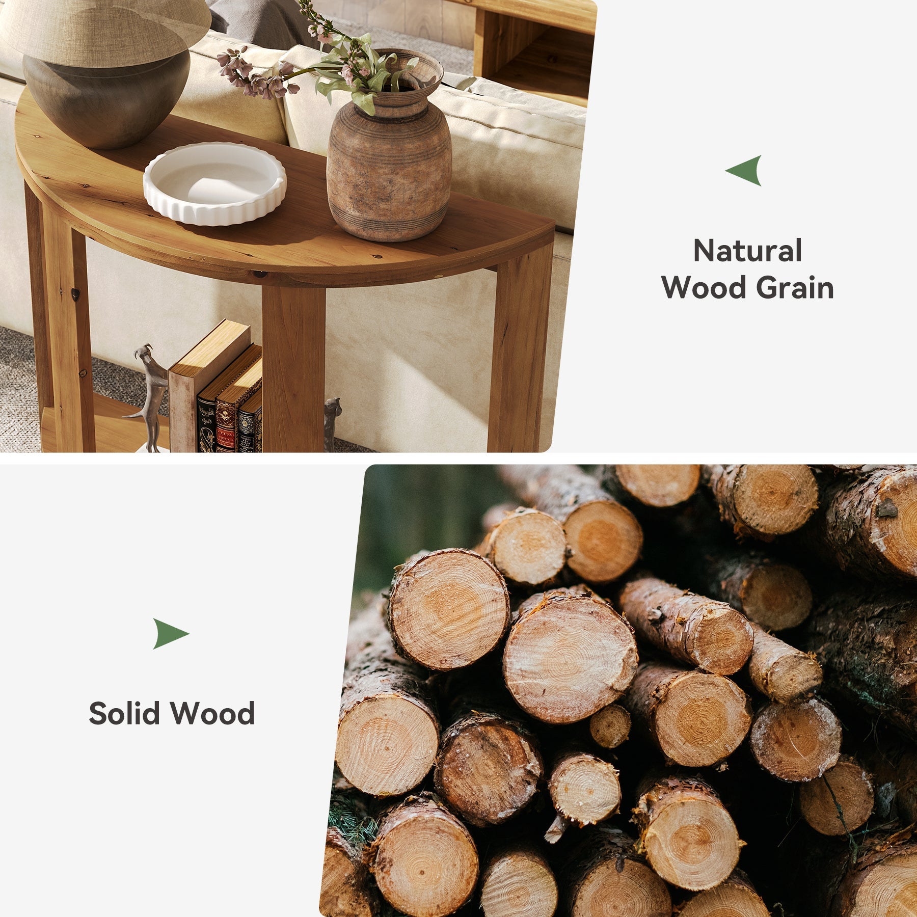 Solid Wood Console Table, Half-Moon 41.3" Hallway Table with 2-Tier Storage