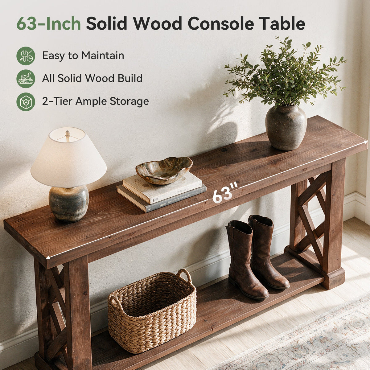 63" Console Table, Farmhouse Solid Wood, 2-Tier X-Shaped Frame, Narrow Sofa Table