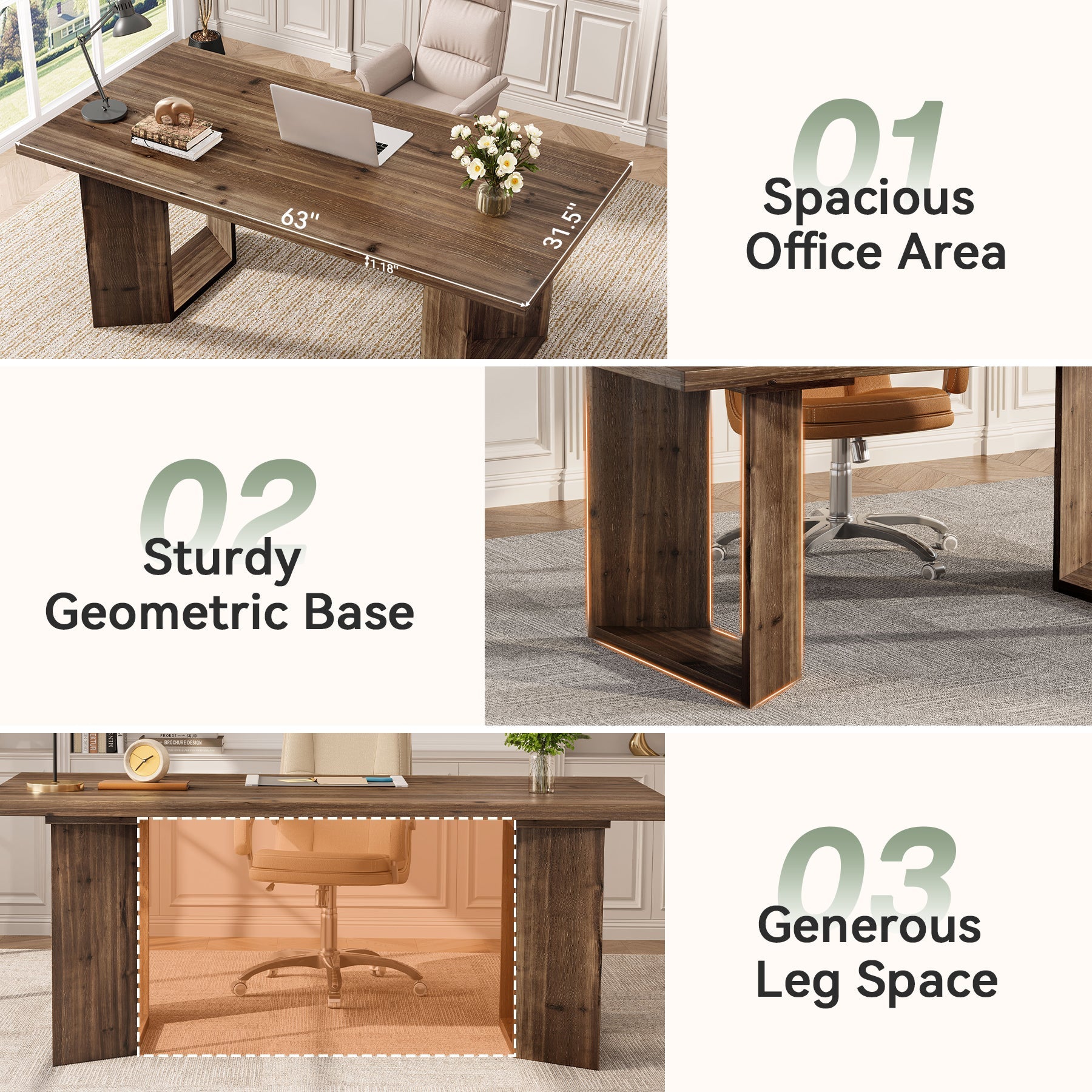 63" Solid Wood Executive Desk, Rectangular Office Computer Desk with U-Shaped Frames