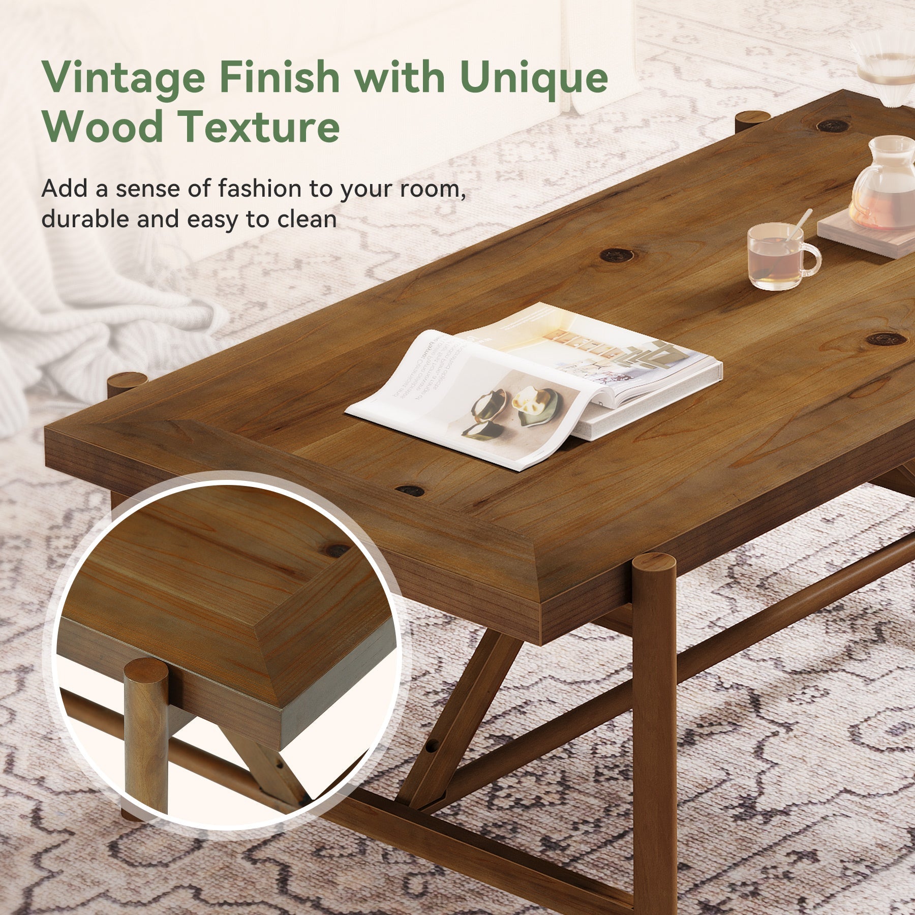 47" Solid Wood Coffee Table, Rectangular Center Tea Table with Column Legs