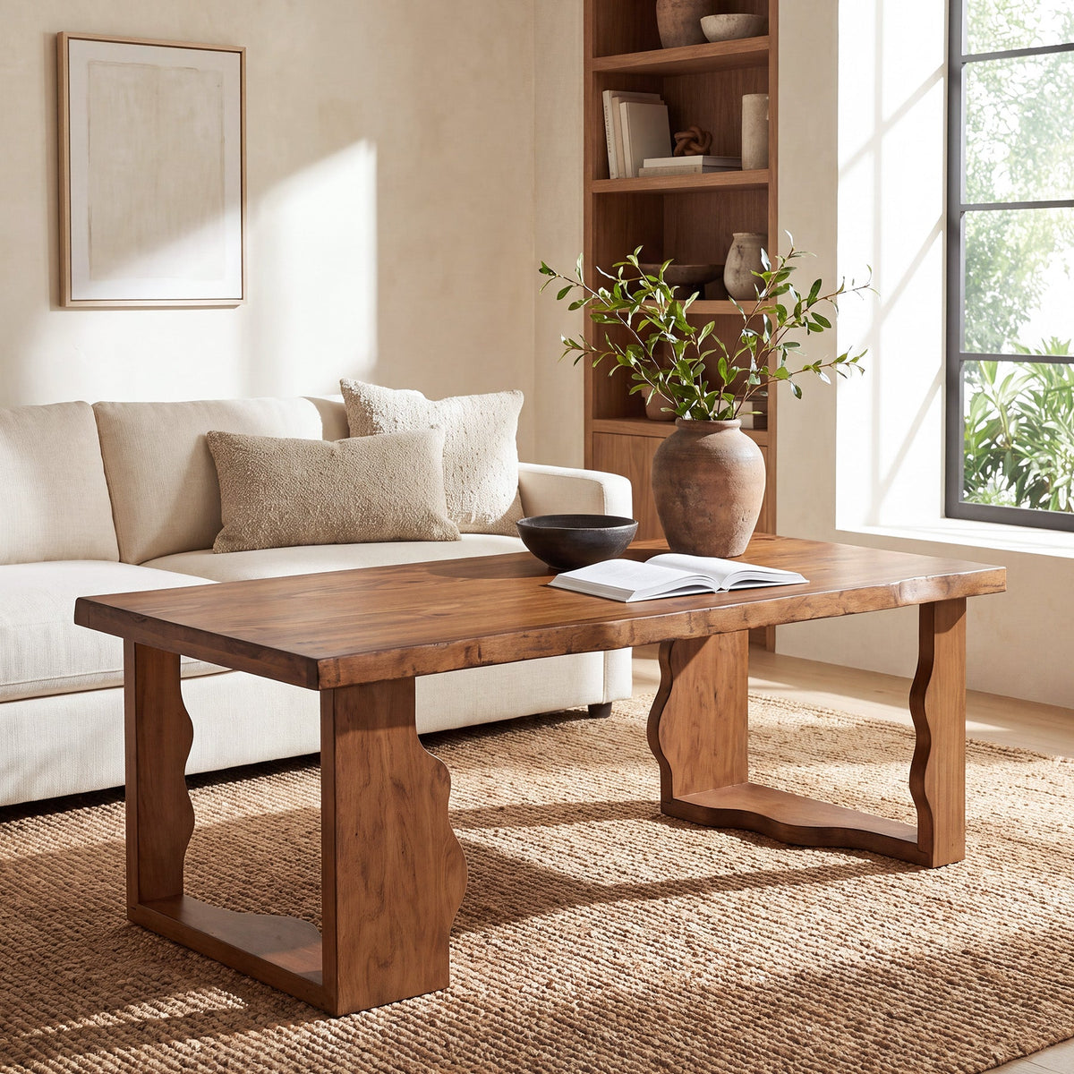 47" Solid Pine Coffee Table, Natural Edge & Cut-Out Legs, Farmhouse Rustic Wood Living Room