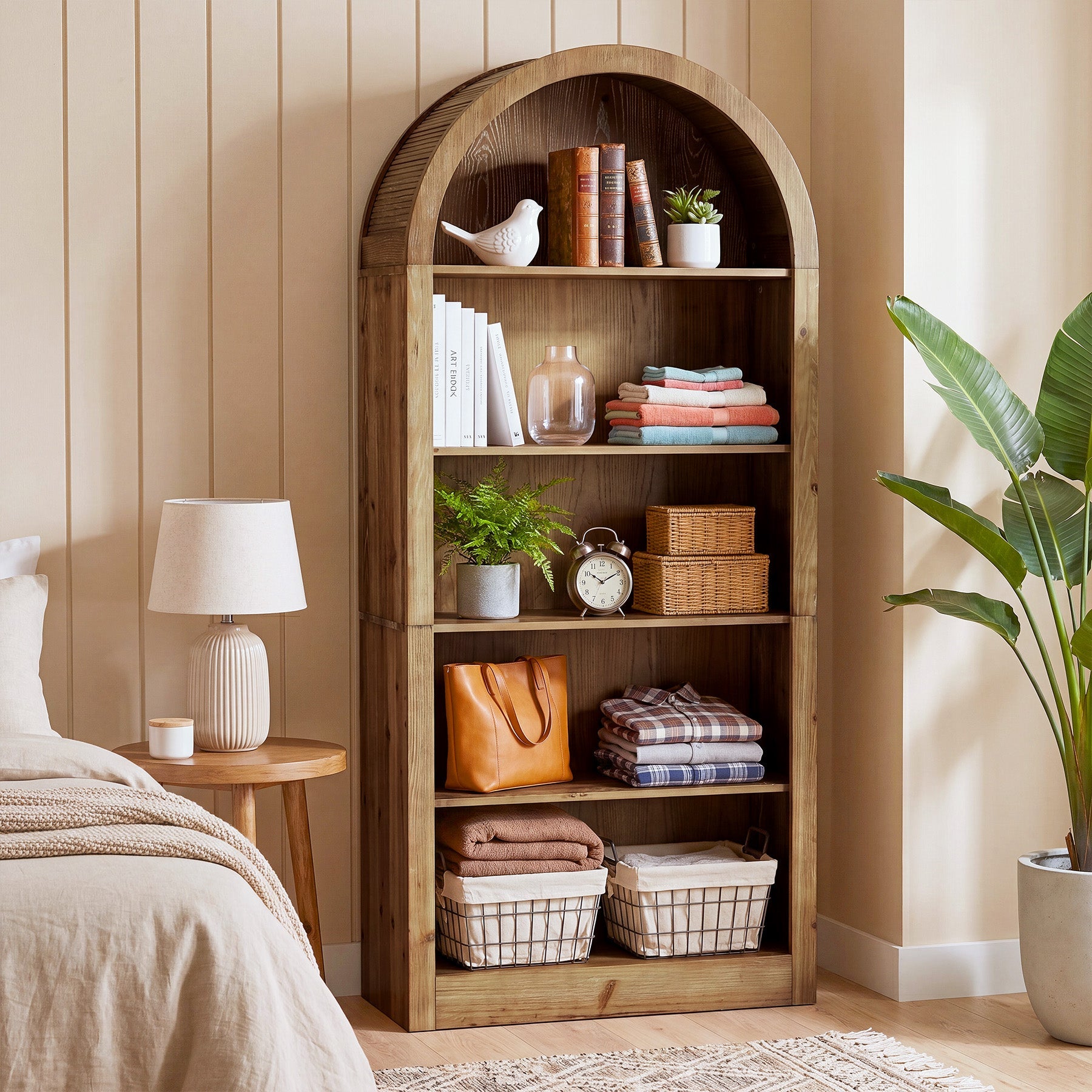 70.8" Solid Wood Tall Bookcase , 5-Tier Arched Bookshelf Open Display Etagere