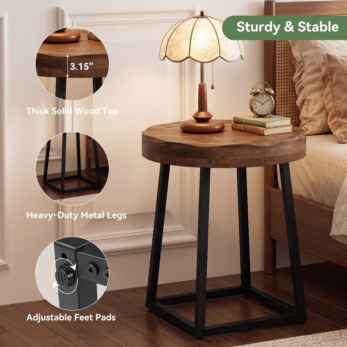 19.69" Solid Wood Round End Table, Live Edge Side Table with Metal Base for Living Room