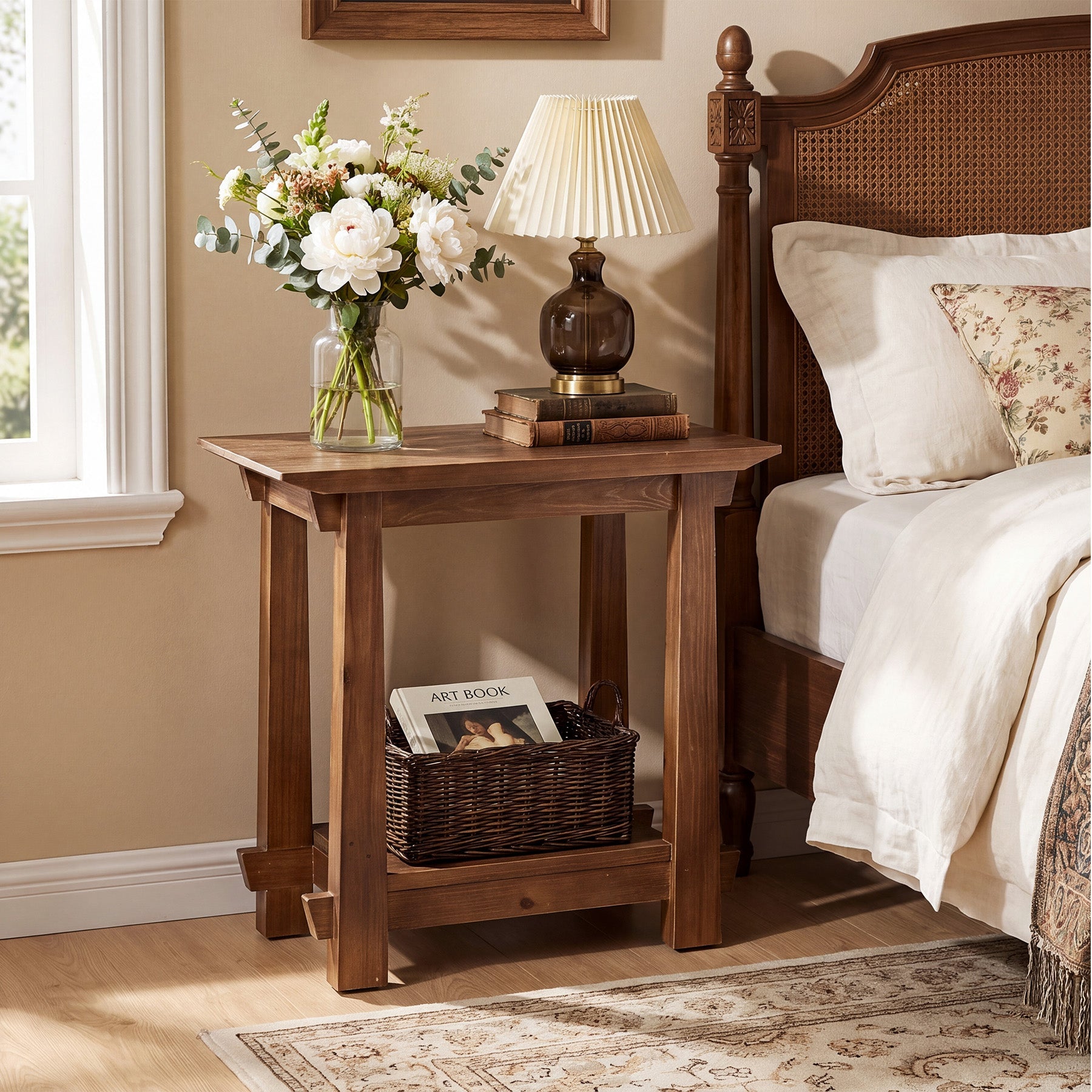 2-Tier Solid Wood End Table, Rectangle Sofa Side Table, Living Room Bedroom Nightstand