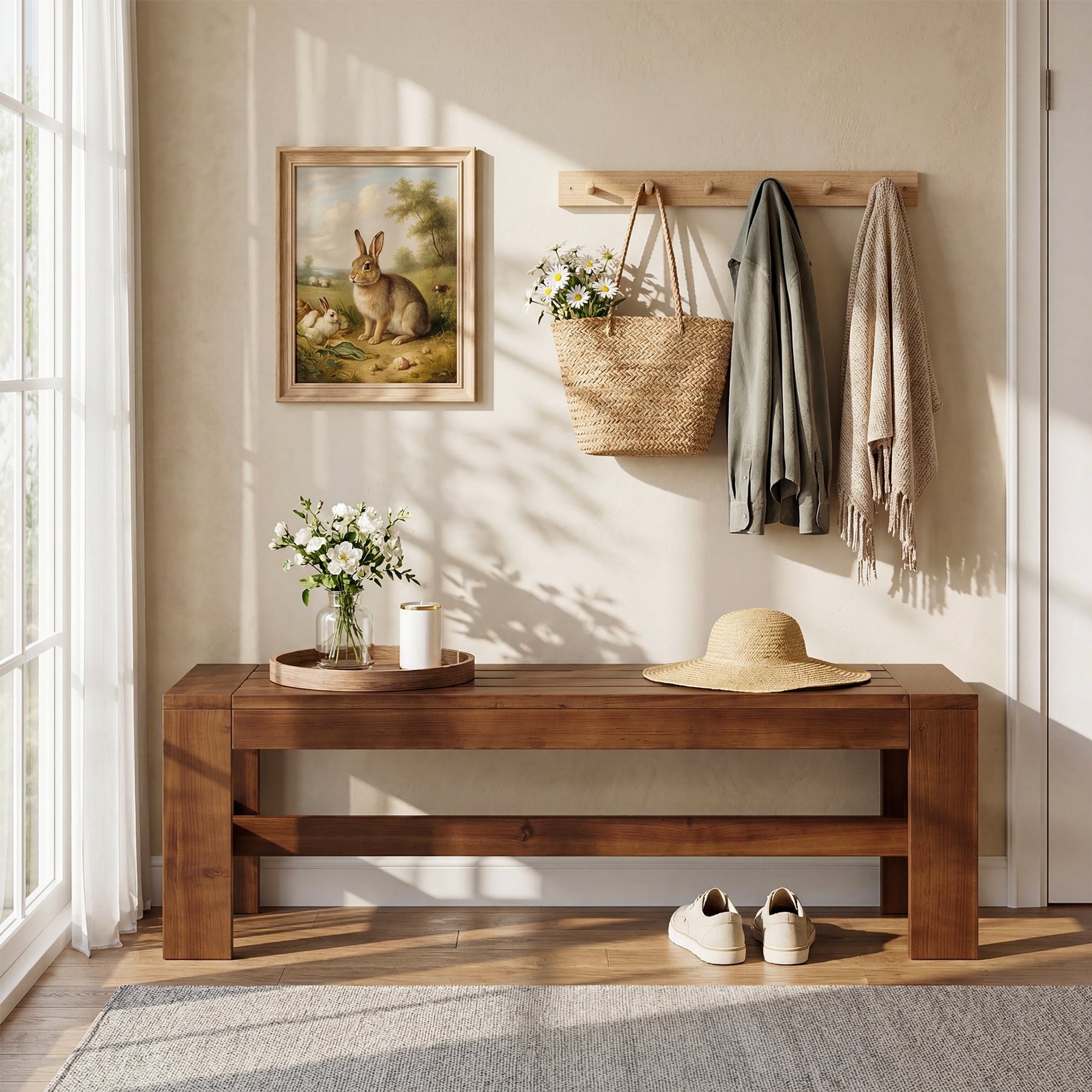 55.12" Solid Wood Entryway Bench, Farmhouse Indoor End of Bed Bench
