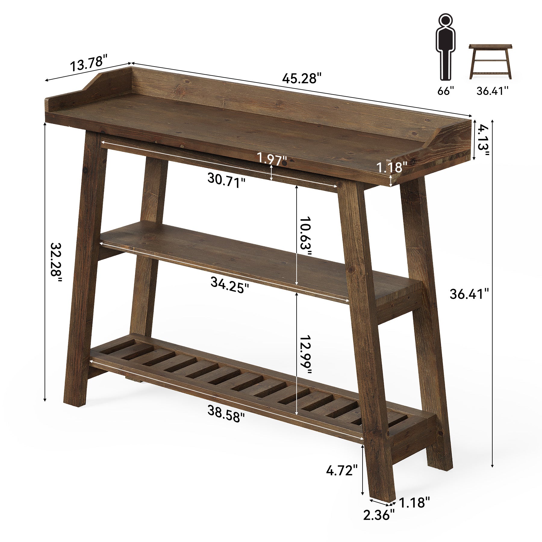 45" Solid Wood Console Table with Storage Shelves, Narrow Entryway & Sofa Table, 3-Tier Farmhouse Hallway Table for Small Spaces