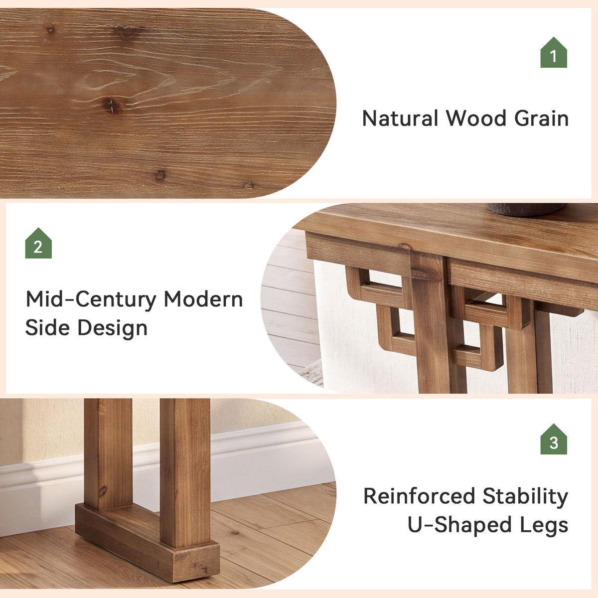 63" Farmhouse Console Table, Solid Wood Entryway Table, Thick Legs & Carved Detail