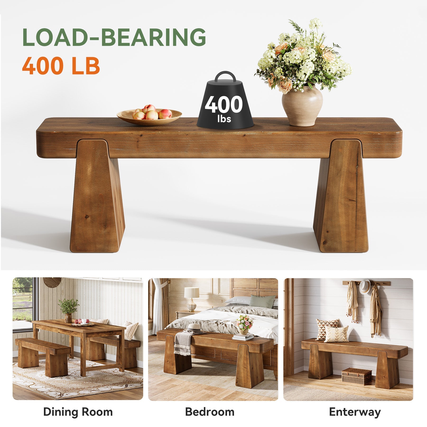 47" Solid Wood Dining Bench, Farmhouse Dining Table Bench for 2-3