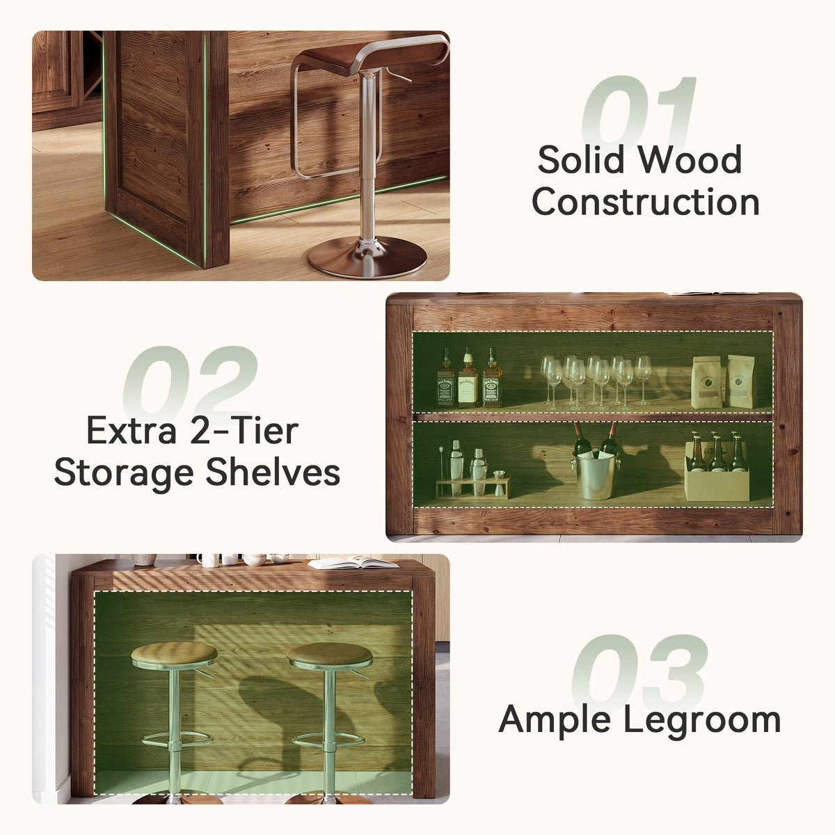 55" Solid Wood Home Bar Table, Farmhouse Counter Height Pub Table with 2-Tier Storage