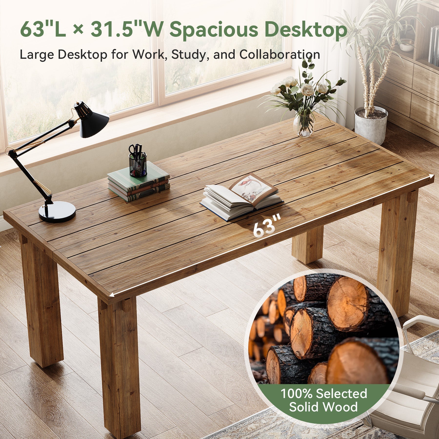 63" Solid Wood Executive Desk, Farmhouse Computer Desk with Study Legs for Home Office