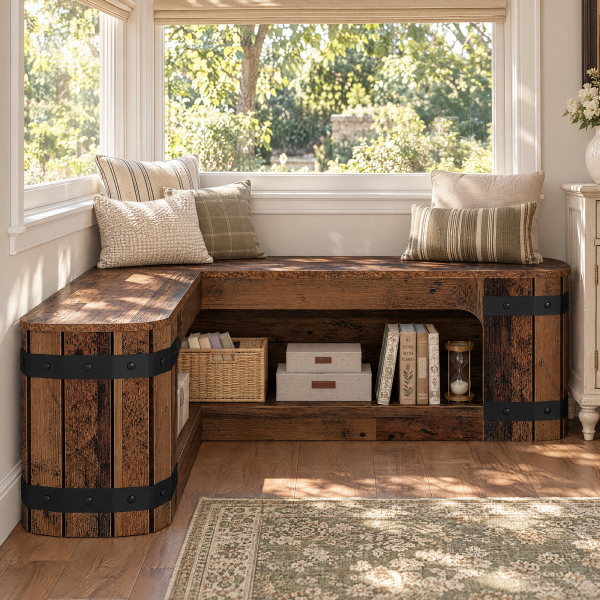 47" L-Shaped Solid Wood Shoe Storage Bench, Corner Entryway Shoe Organizer
