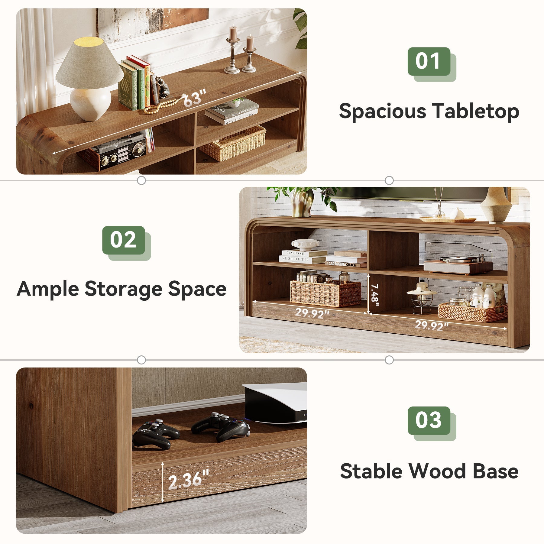 Solid Wood TV Stand, 63" TV Console Table with Storage for 55/60/65/75-Inch TVs