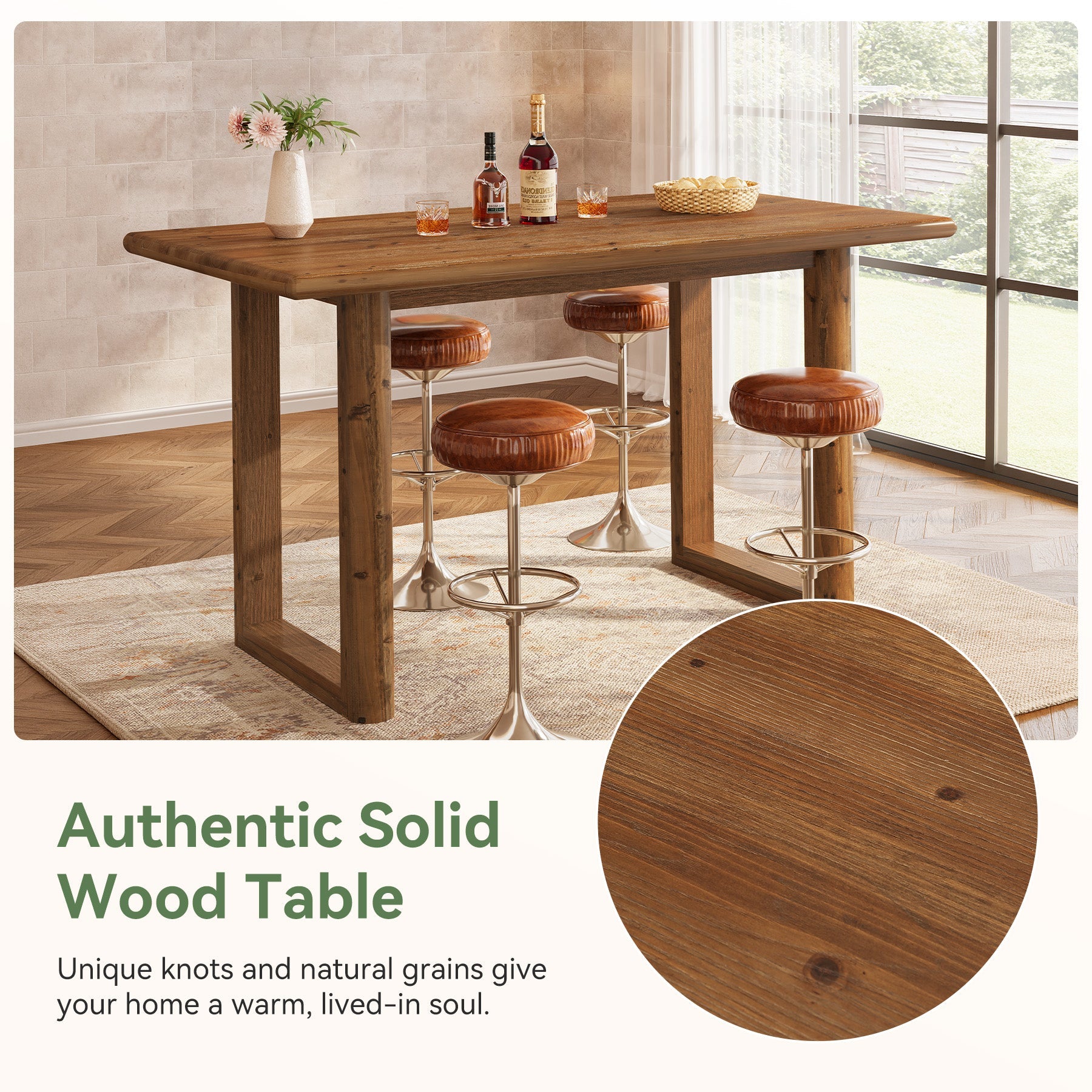 63" Solid Wood Dining Table for 4-6 People, Rectangle Kitchen Table with U-Shaped Legs
