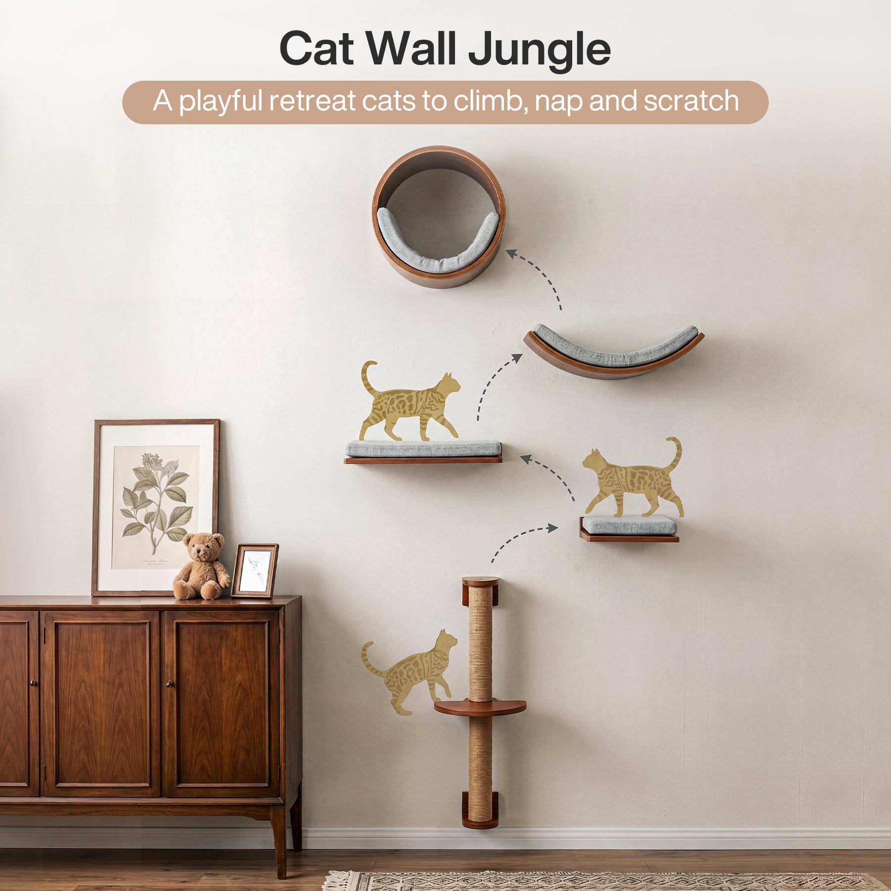 Solid Wood Cat Wall Shelves Set, 5-in-1 Cat Wall Furniture Cat Perches Set for Living Room