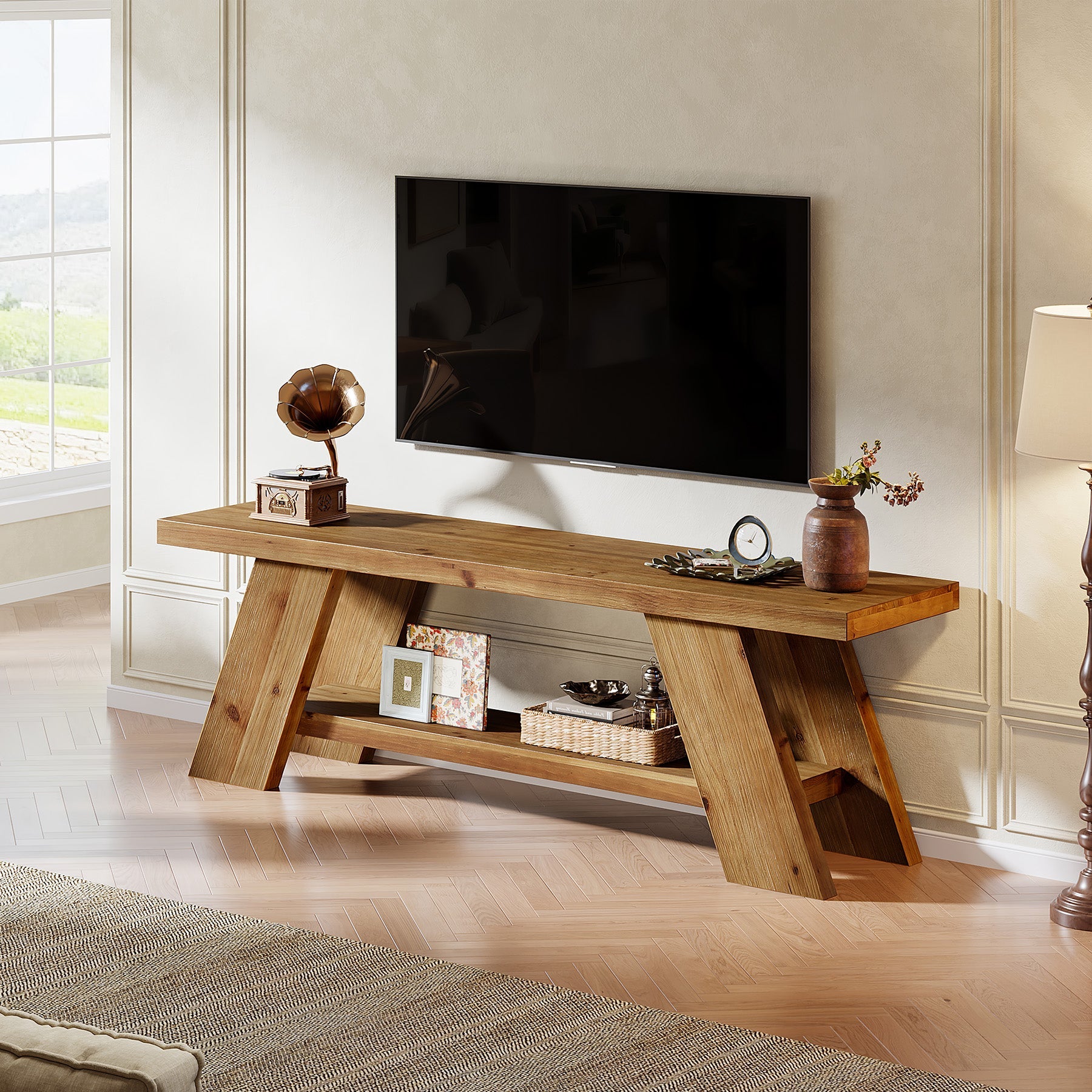 Solid Wood TV Stand with 2-Tier Shelf, 63" TV Media Console for TVs up to 75"