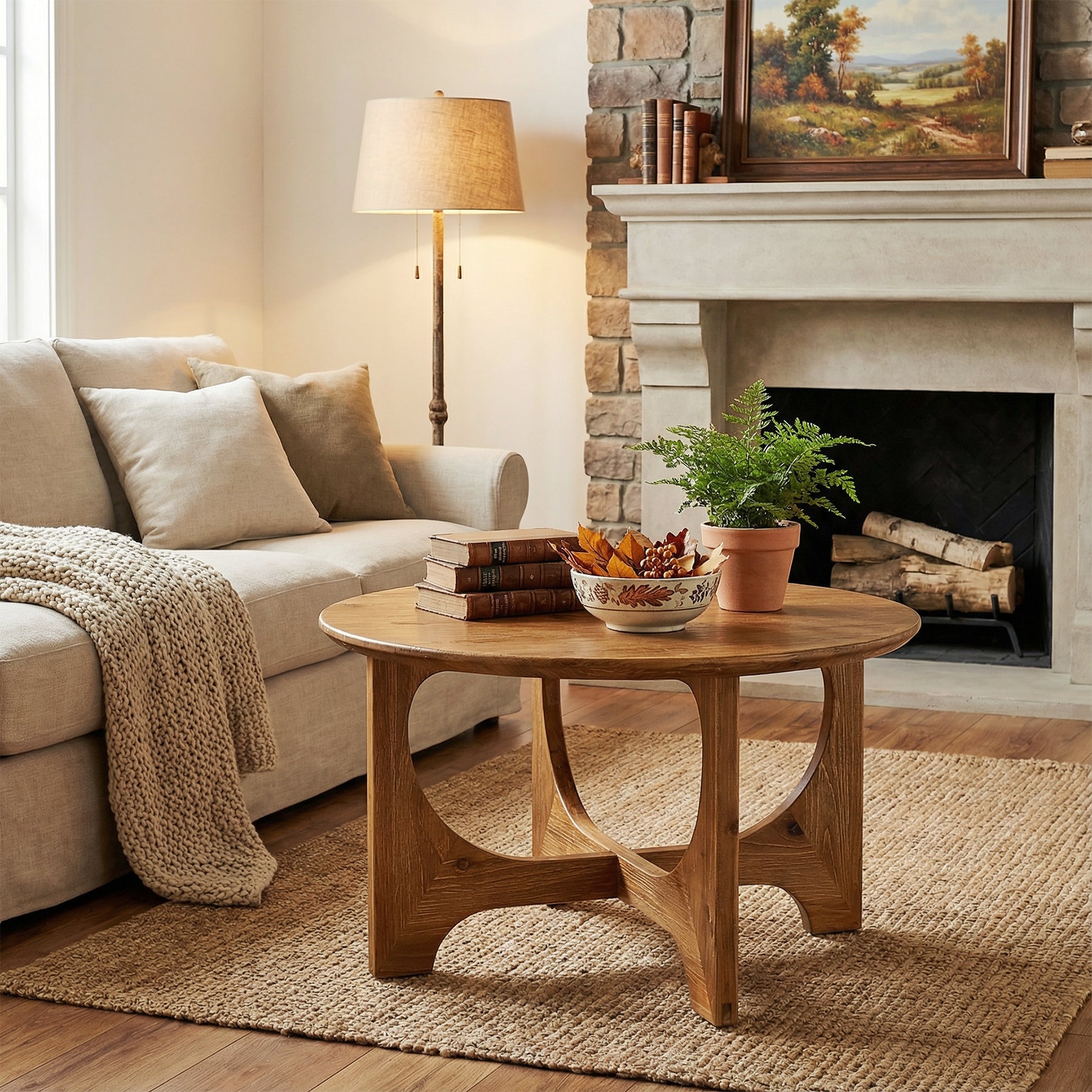 Solid Wood Coffee Table, 31.5" Round Center Table for Living Room