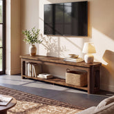 71 Inch Solid Wood TV Stand with Open Storage Shelf, Farmhouse Media Console for Living Room 3