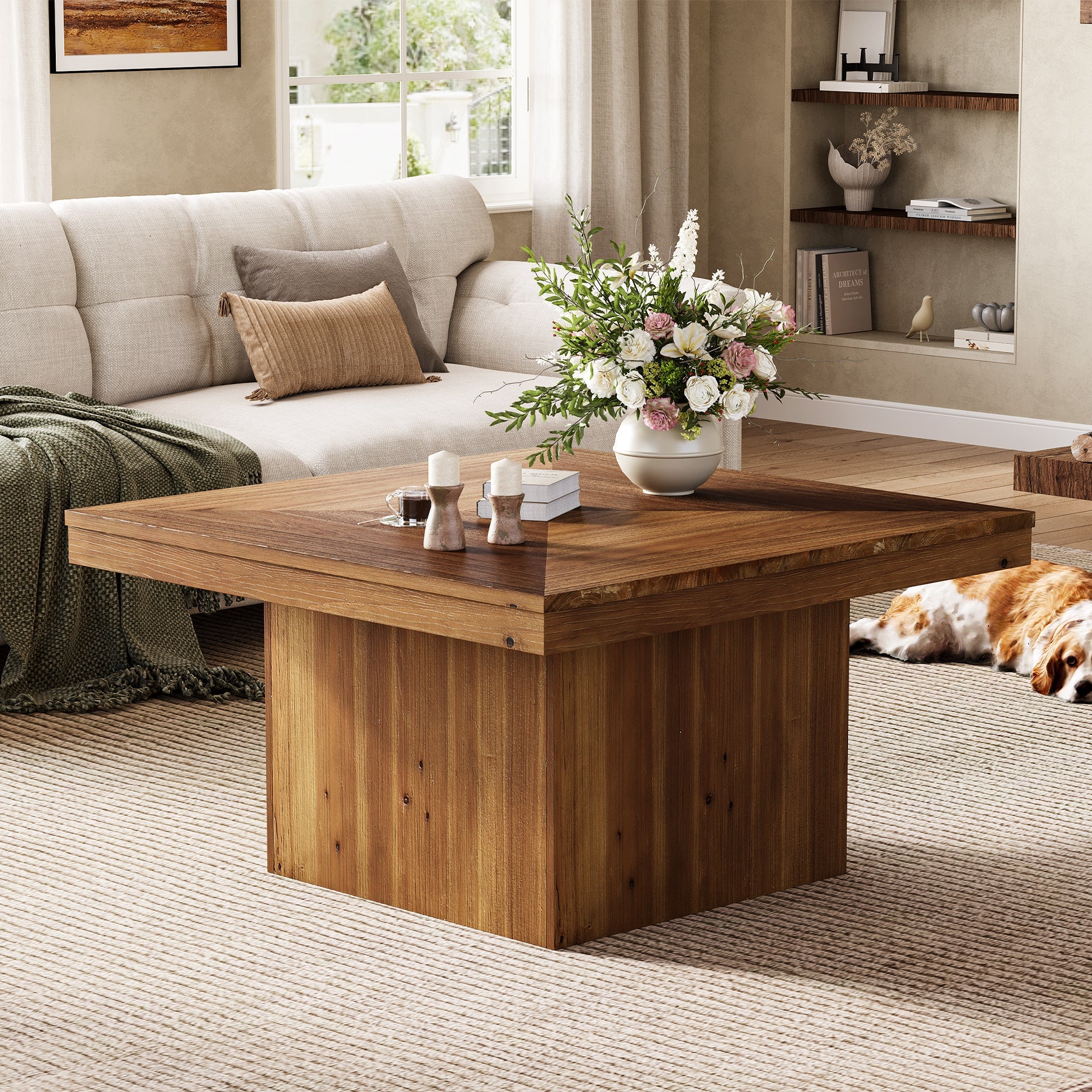35.4" Wood Coffee Table, Modern Square Center Cocktail Table