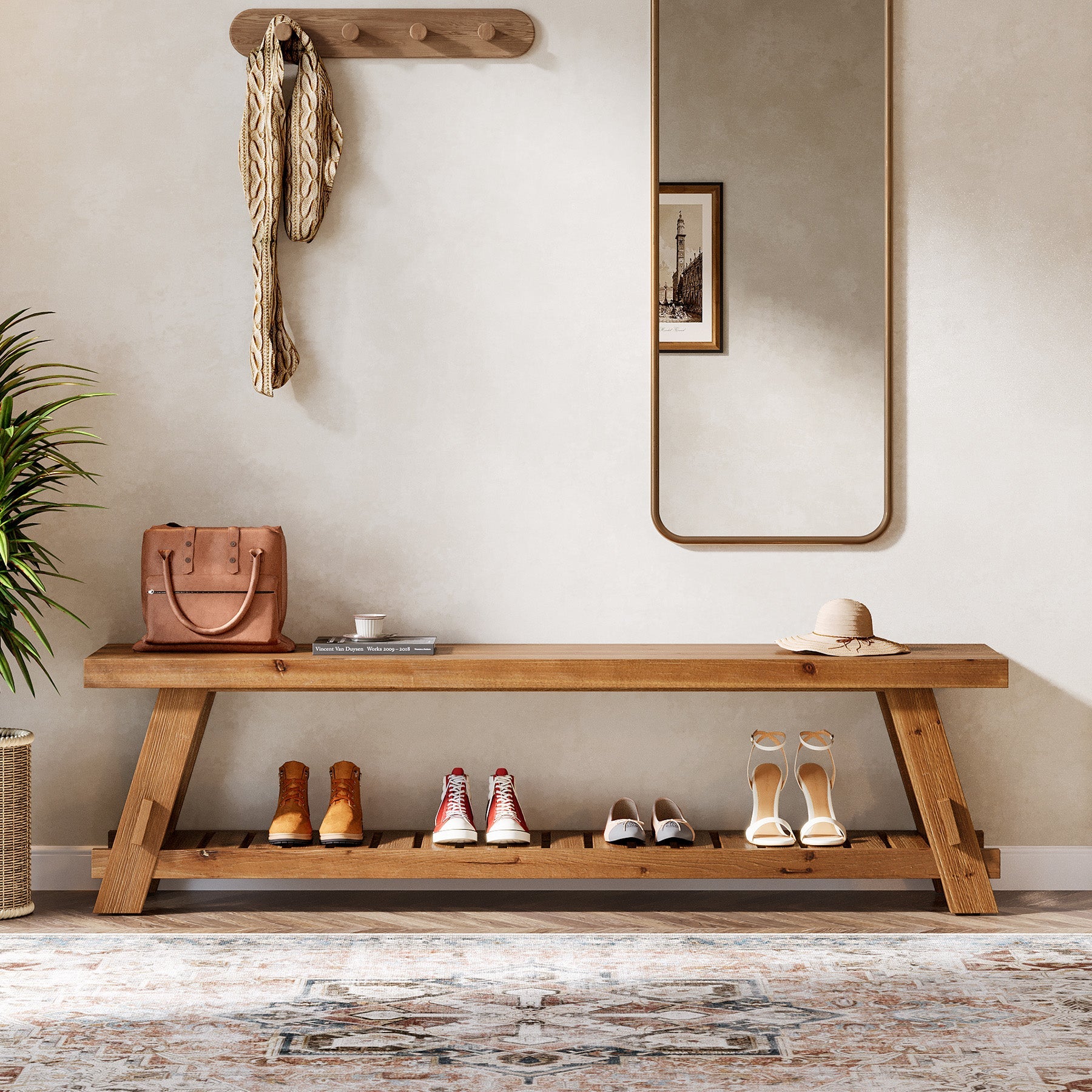 63" Solid Wood Shoe Bench, 2-Tier Entryway Bench with Storage Shelf