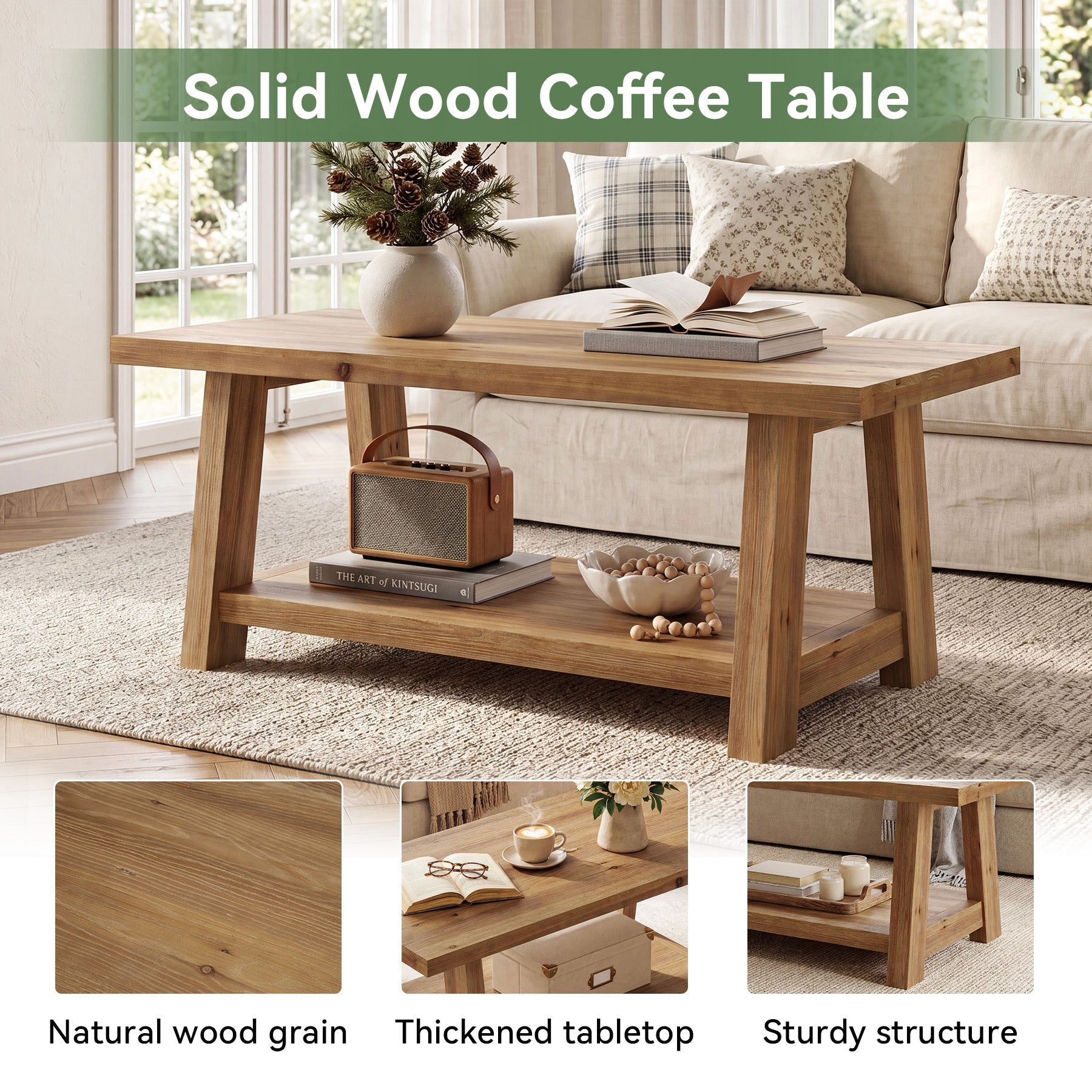 Solid Wood Coffee Table, 2-Tier Rectangle Center Table with Lower Storage Shelf