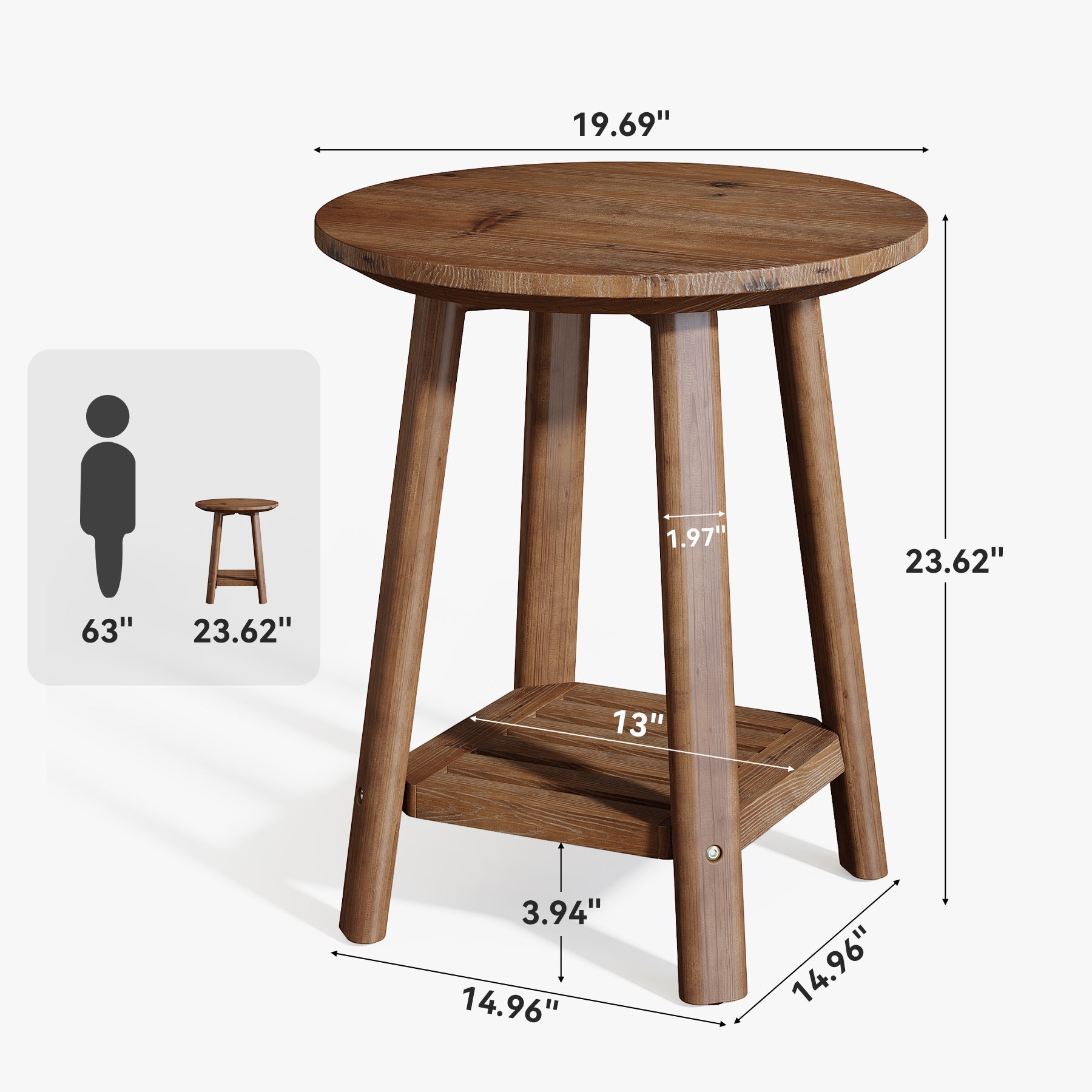 23.62" Round Solid Wood Side Table, 2-Tier Farmhouse Storage Shelf Walnut