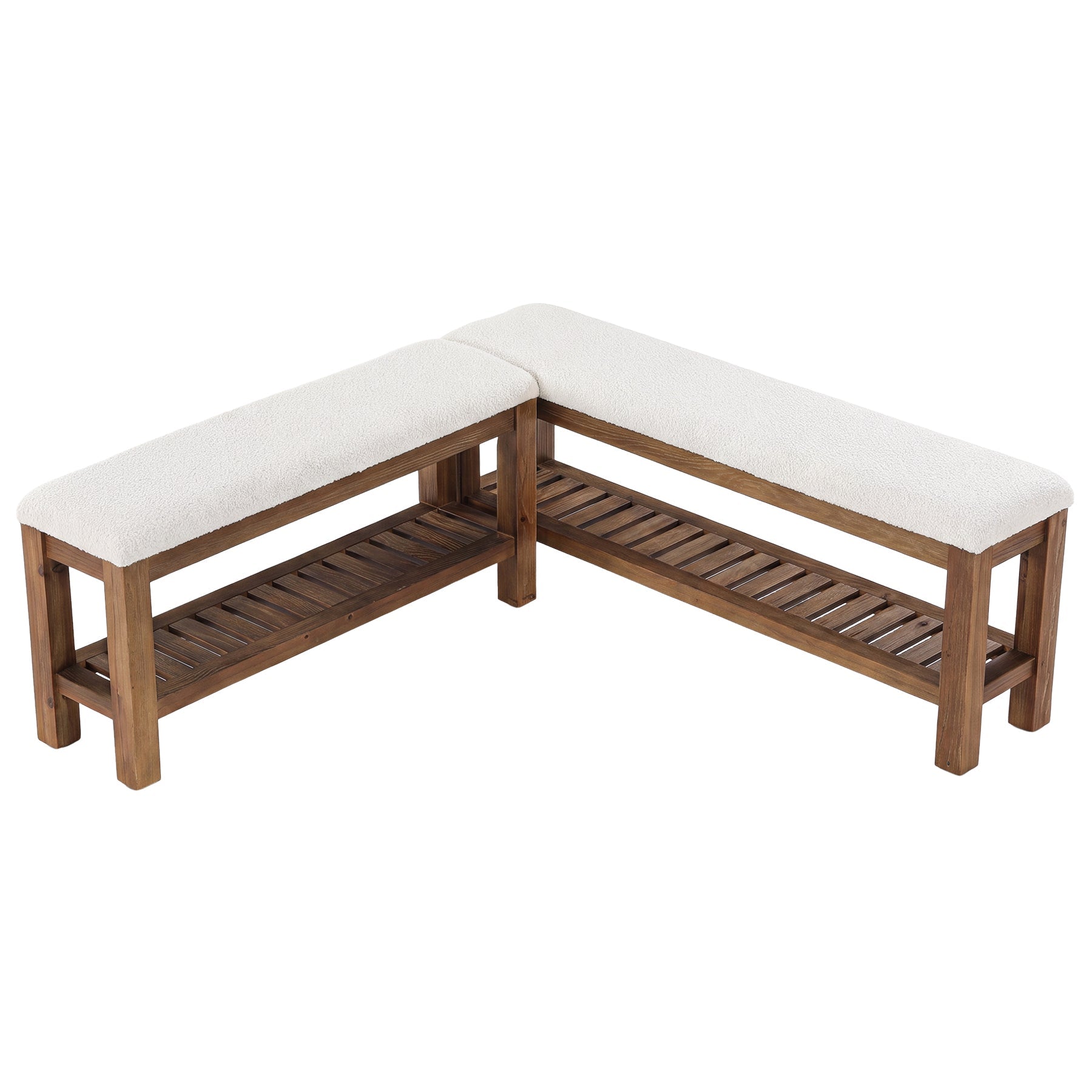 Solid Wood Entryway Bench Set, 55" L-Shaped Shoe Bench with Storage Shelf
