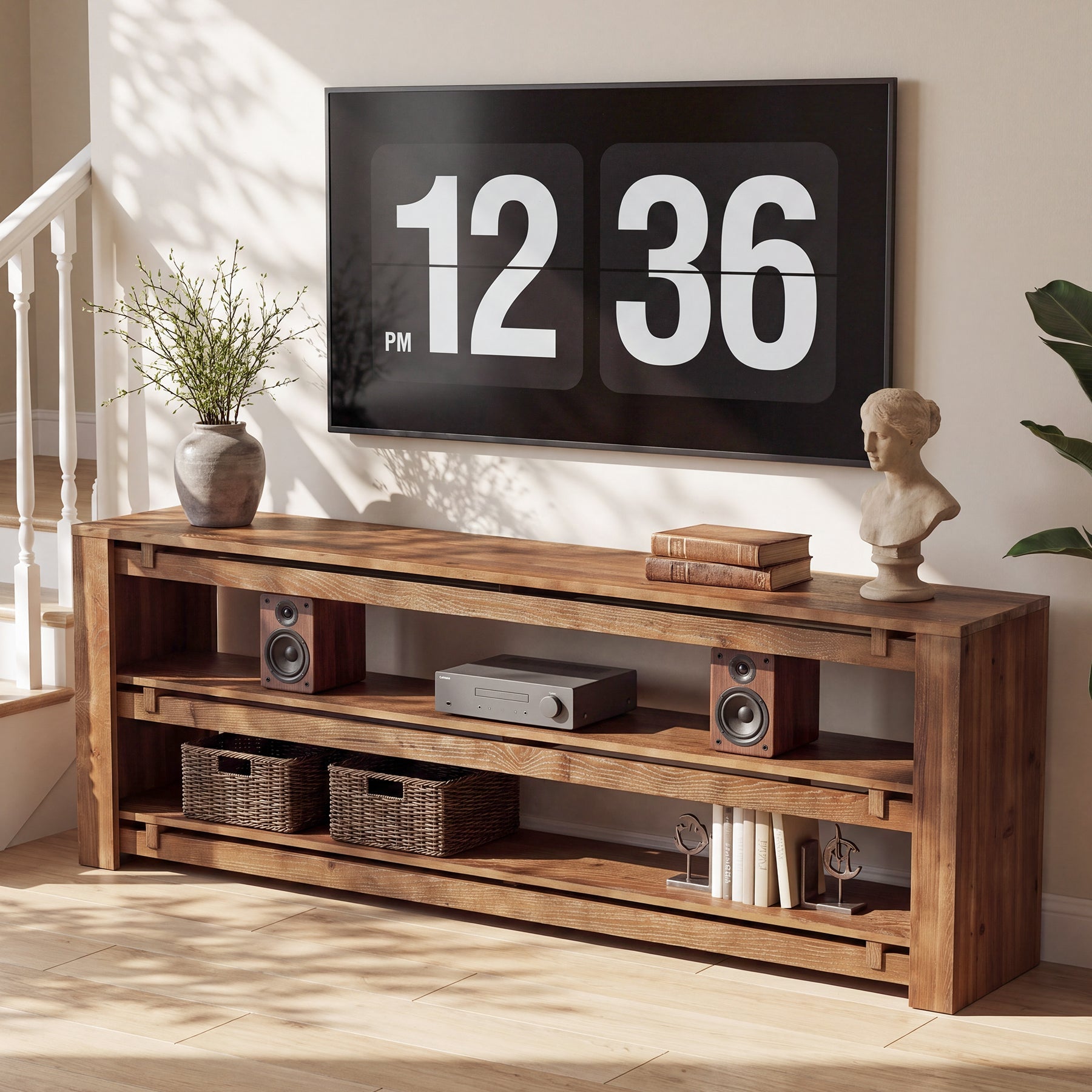 63" Solid Wood TV Stand Fits up to 75" Tvs, 3-Tier TV Console with Storage Shelves