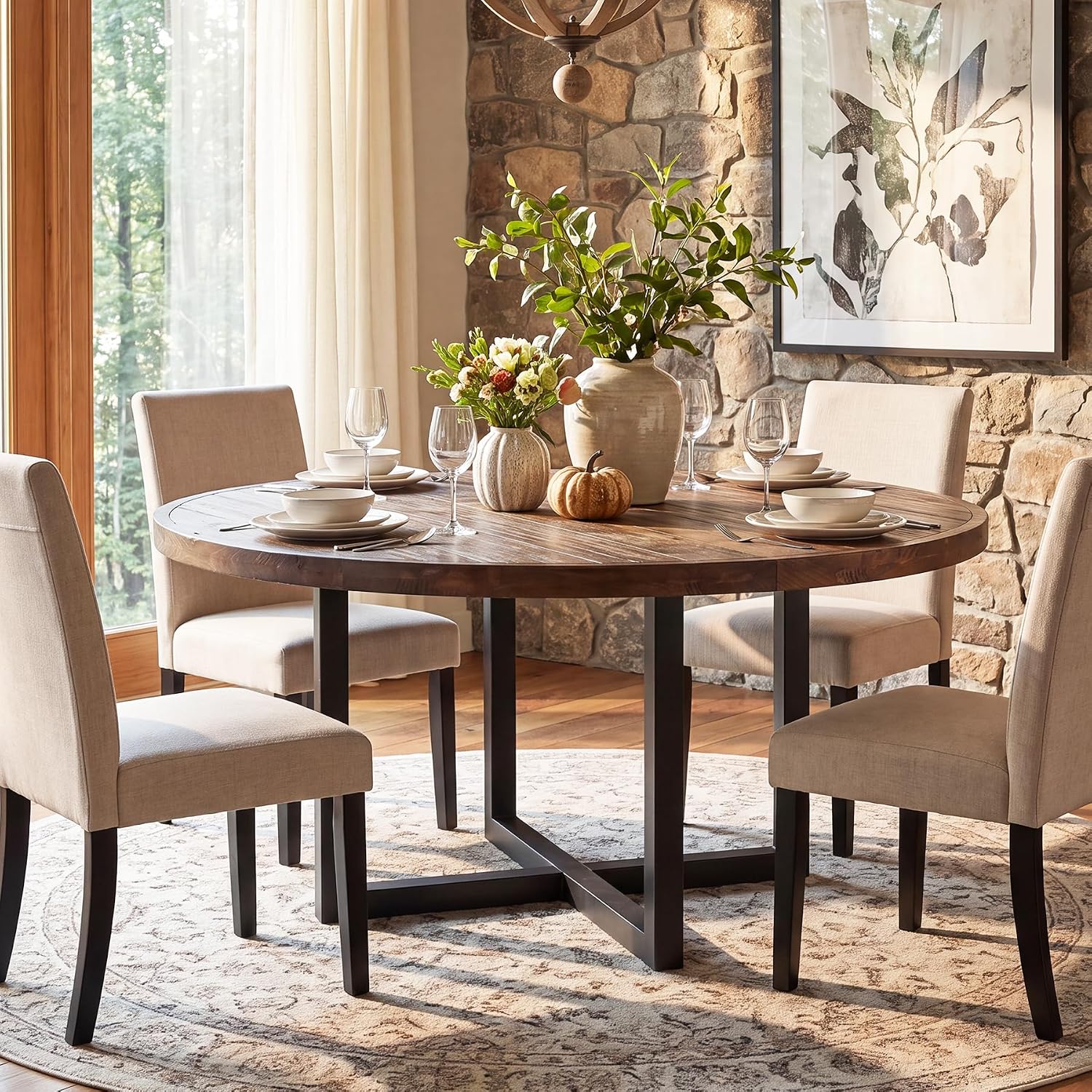 47" Round Dining Table, Solid Wood Kitchen Table with Metal Cross Base for 4-6