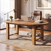 Solid Wood Executive Desk, 63" Oval Computer Table Office Desk with Crossbar for Home Office 3