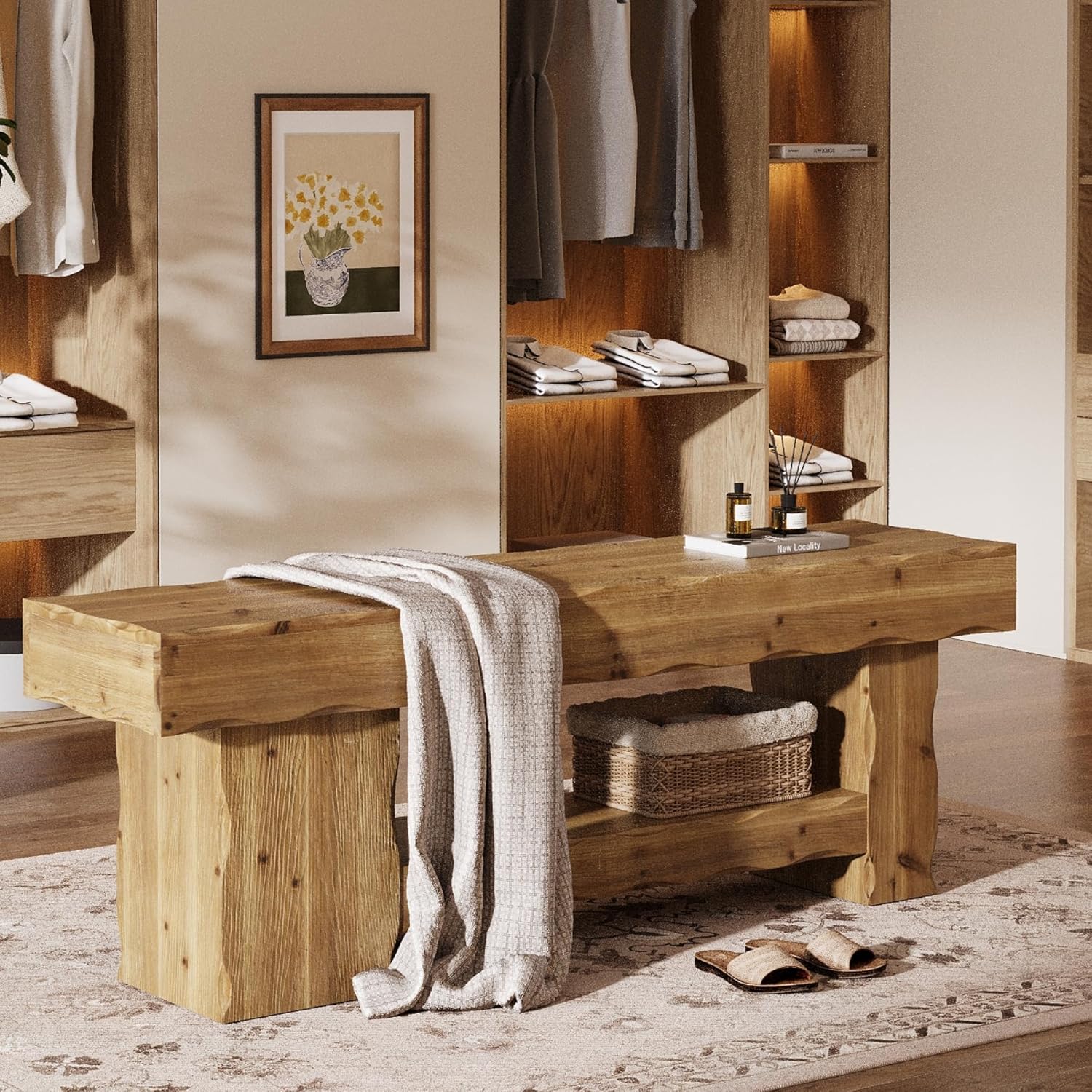 Solid Wood Entryway Shoe Bench, 63" End-of-Bed Bench with Storage Shelf
