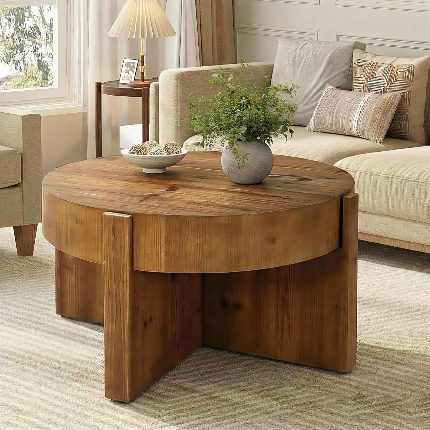 31.5" Round Coffee Table, Solid Wood Center Table with X-Shaped Legs