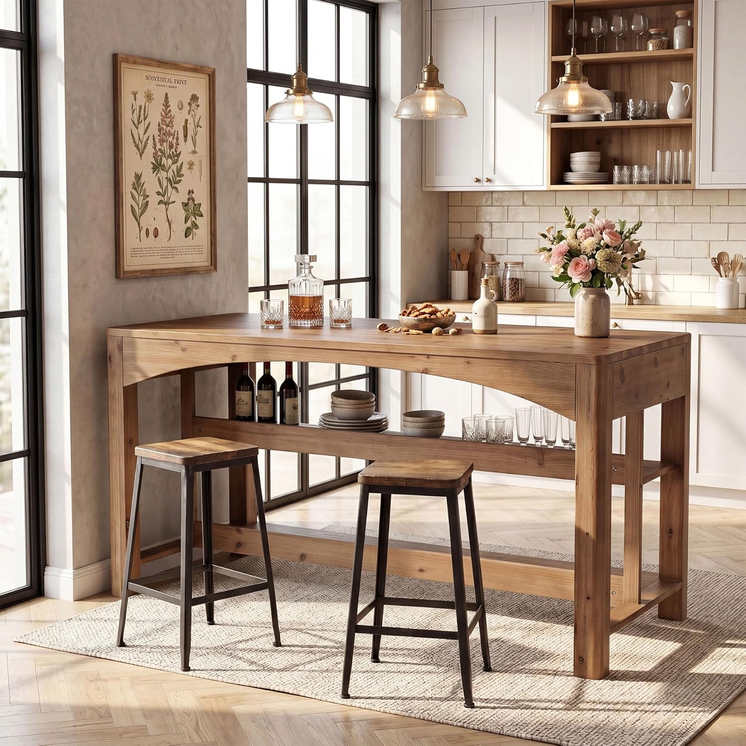 Tribesigns 59-Inch Bar Table, Farmhouse Counter Height Table with Storage Shelves for Kitchen Dining Room