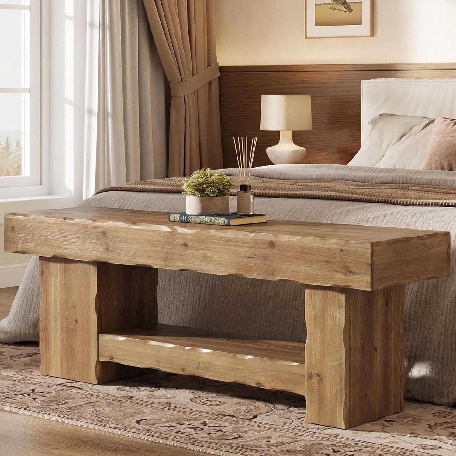Solid Wood Entryway Shoe Bench, 63" End-of-Bed Bench with Storage Shelf