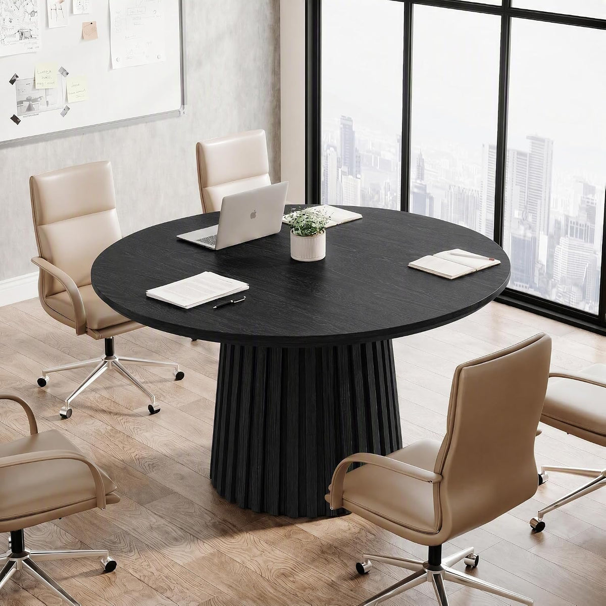 Solid Wood Round Conference Table for 4-6 People, Fluted Base Meeting Table for Office