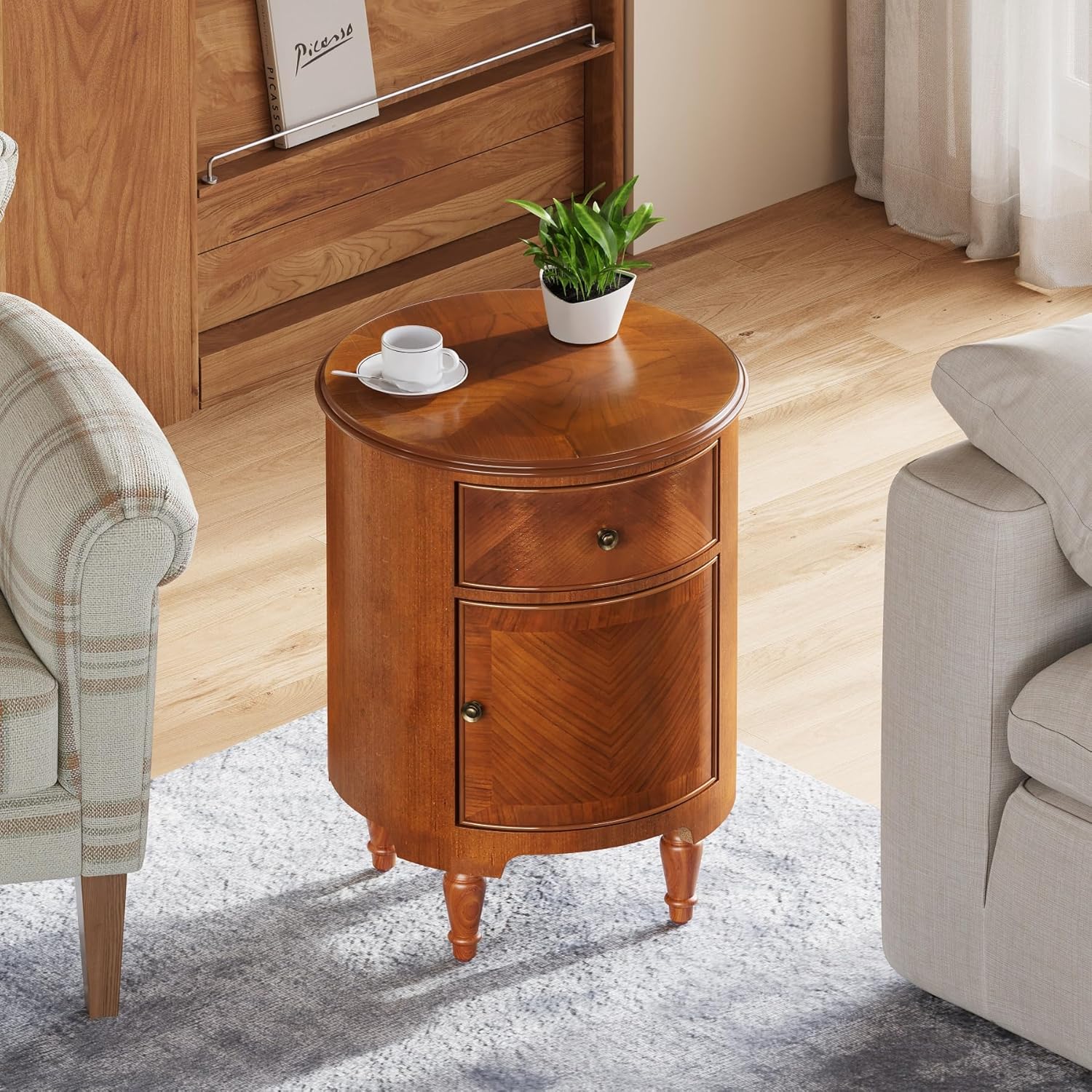 17.7" Round End Table, Solid Wood Sofa Side Table Nightstand with Drawer
