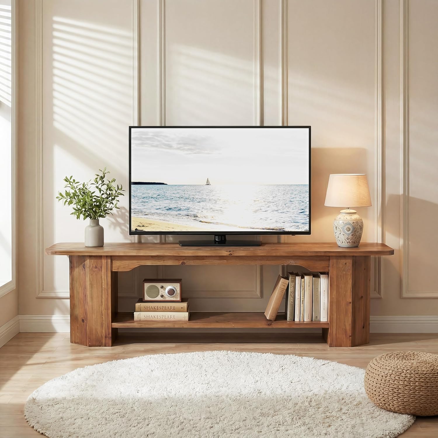 Tribesigns 63" Solid Wood TV Stand, Farmhouse Console for Living Room
