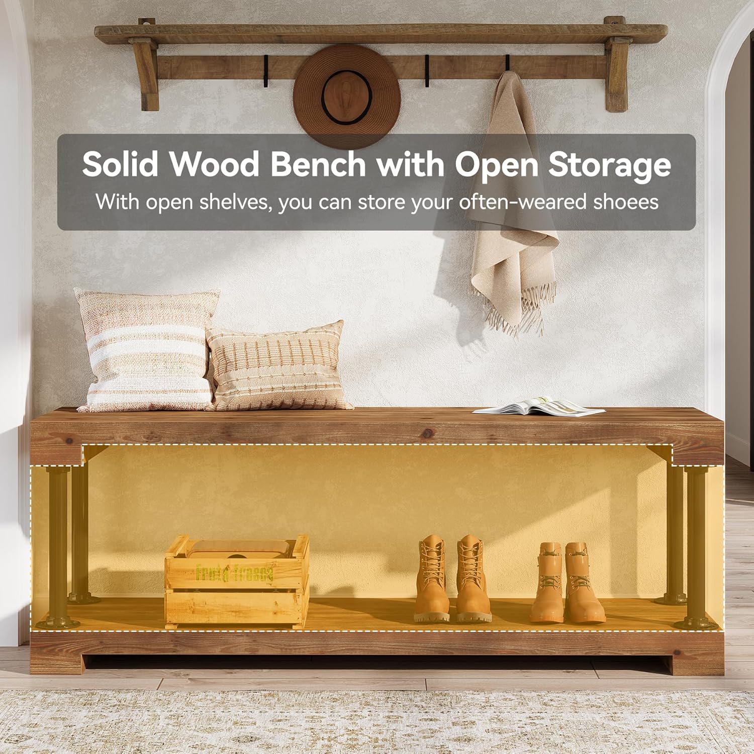 Tribesigns 63" Solid Wood Entryway Bench, Industrial Storage Bench with Shelf