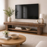 71 Inch Fluted Solid Wood TV Stand, Rustic Farmhouse Media Console with Open Storage for Living Room 3