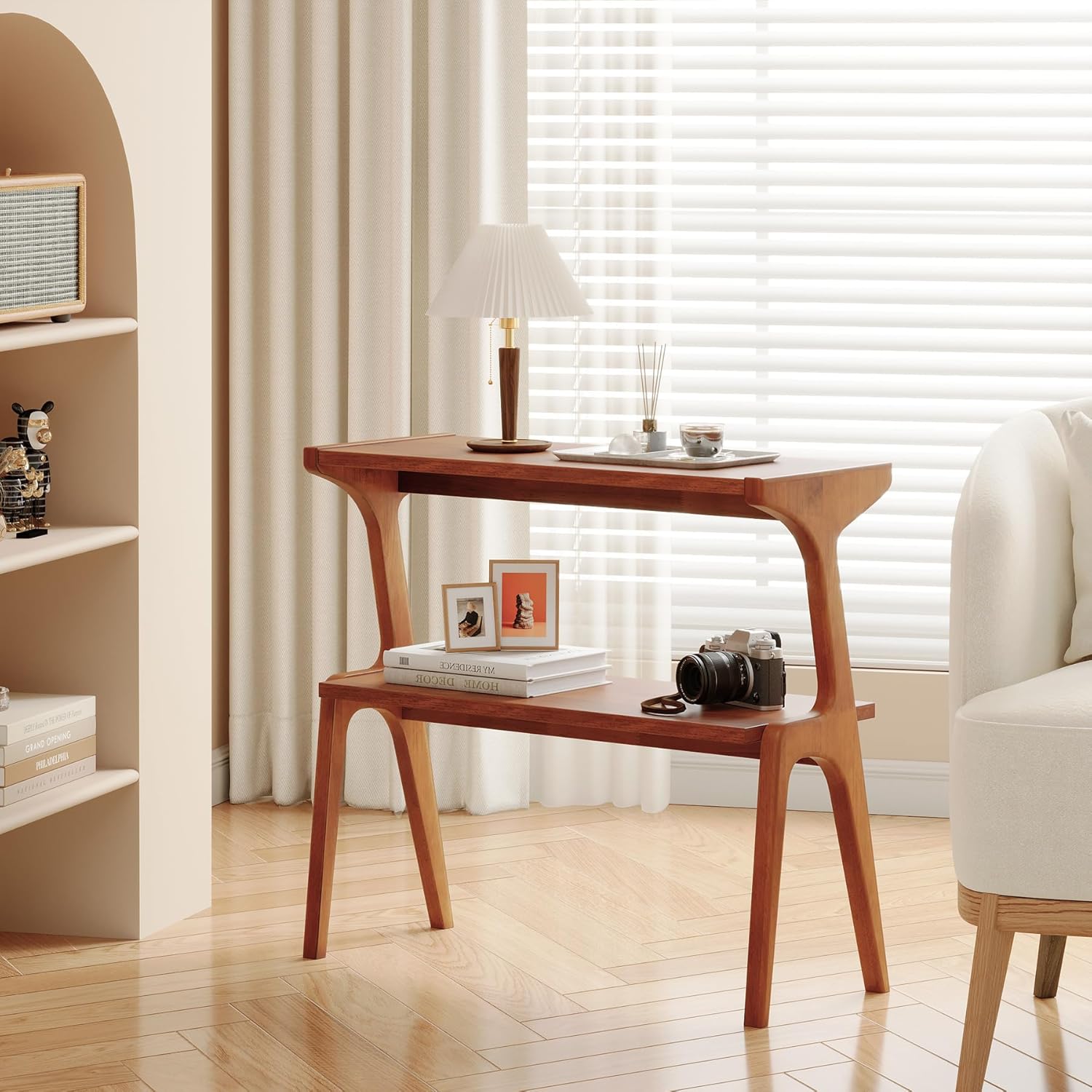 2-Tier Slim End Table,  Solid Wood Sofa Side Table with Storage Shelf