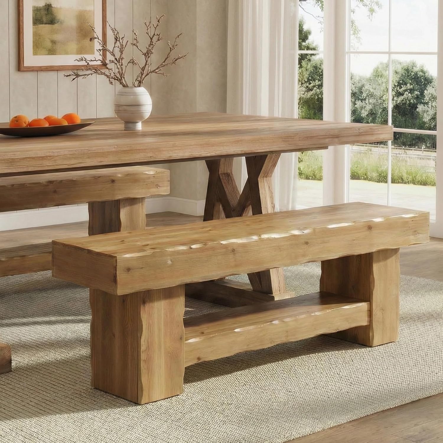 63" Solid Wood Dining Bench, Farmhouse Kitchen Table Bench with Storage Shelf