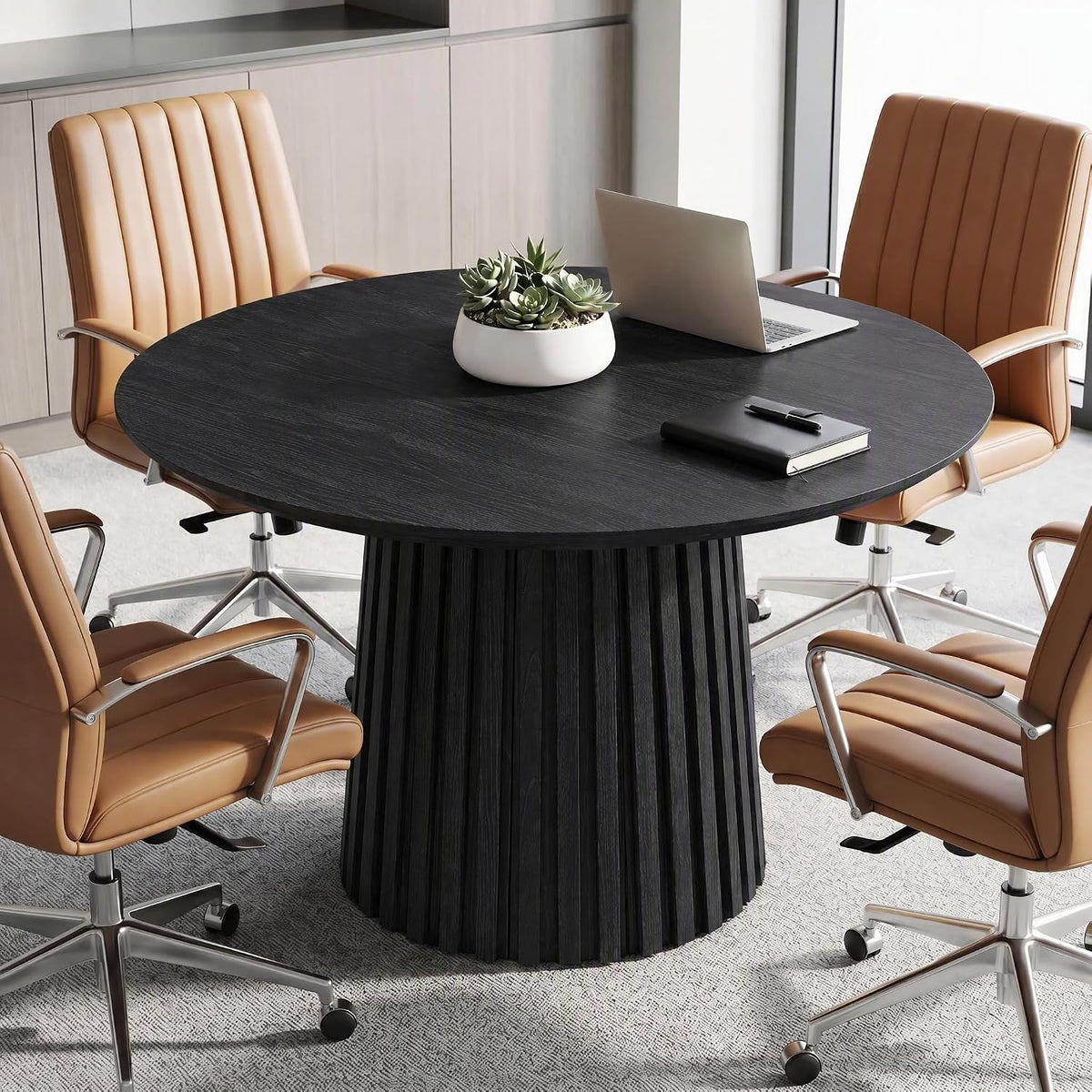 Solid Wood Round Conference Table for 4-6 People, Fluted Base Meeting Table for Office