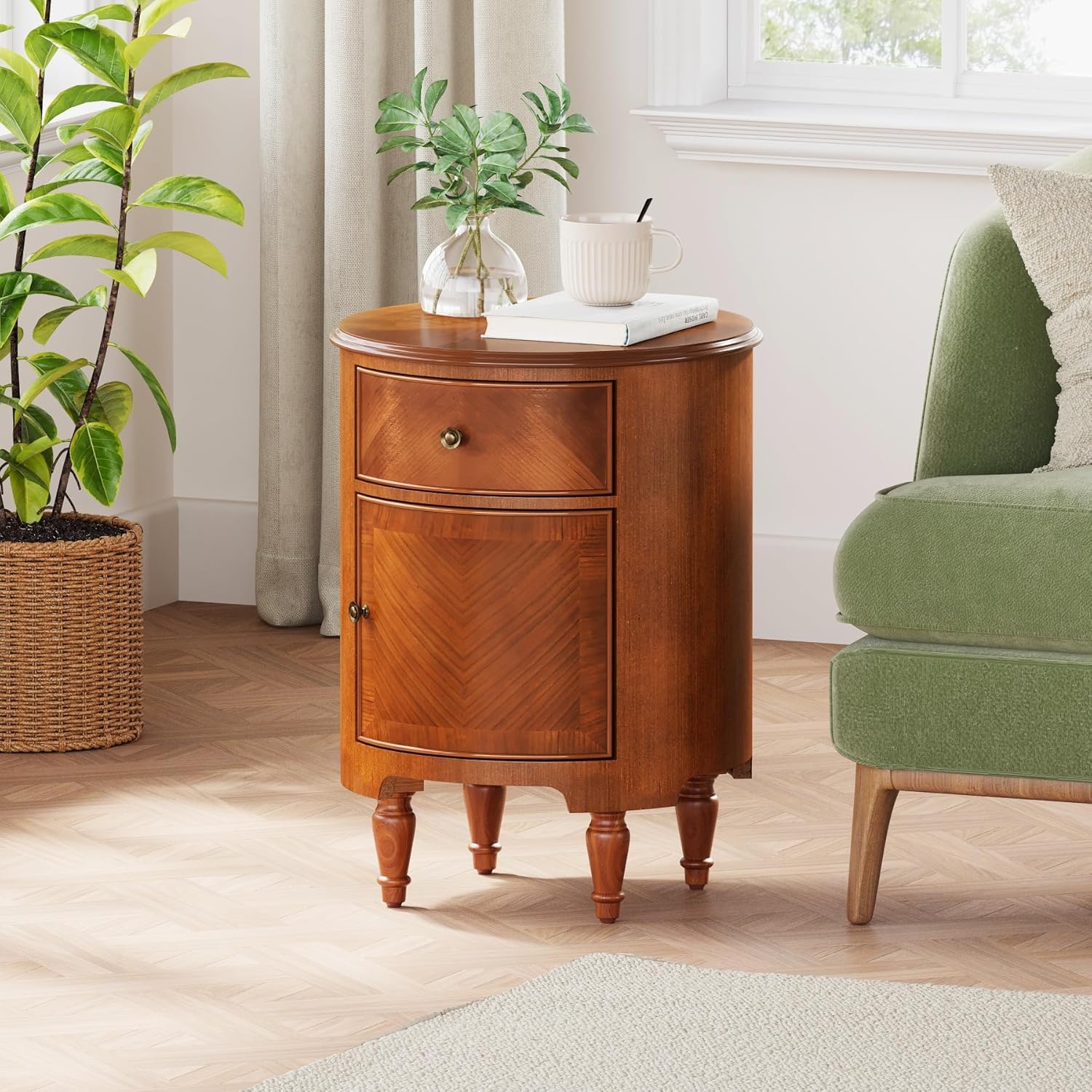17.7" Round End Table, Solid Wood Sofa Side Table Nightstand with Drawer