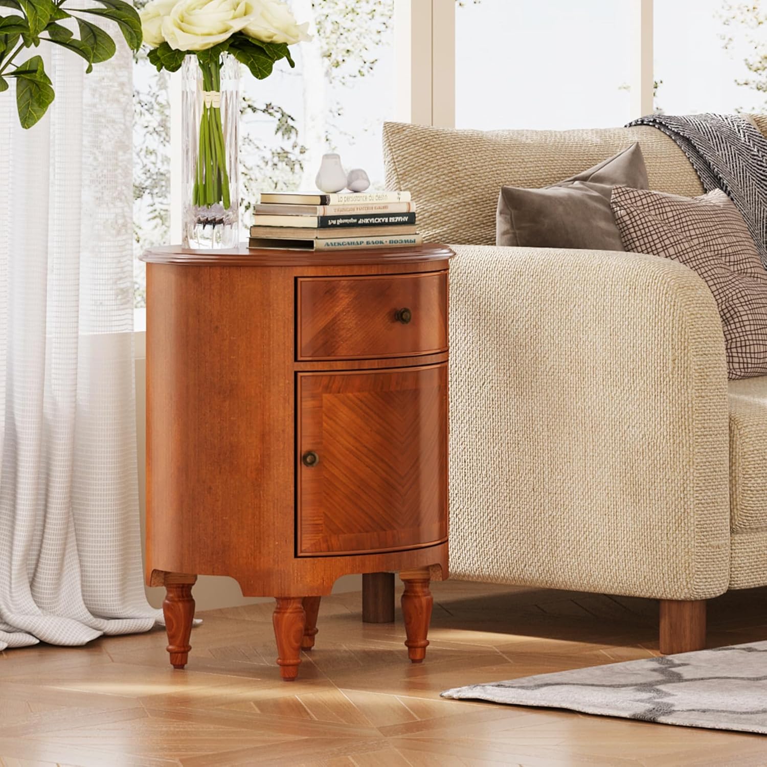 17.7" Round End Table, Solid Wood Sofa Side Table Nightstand with Drawer