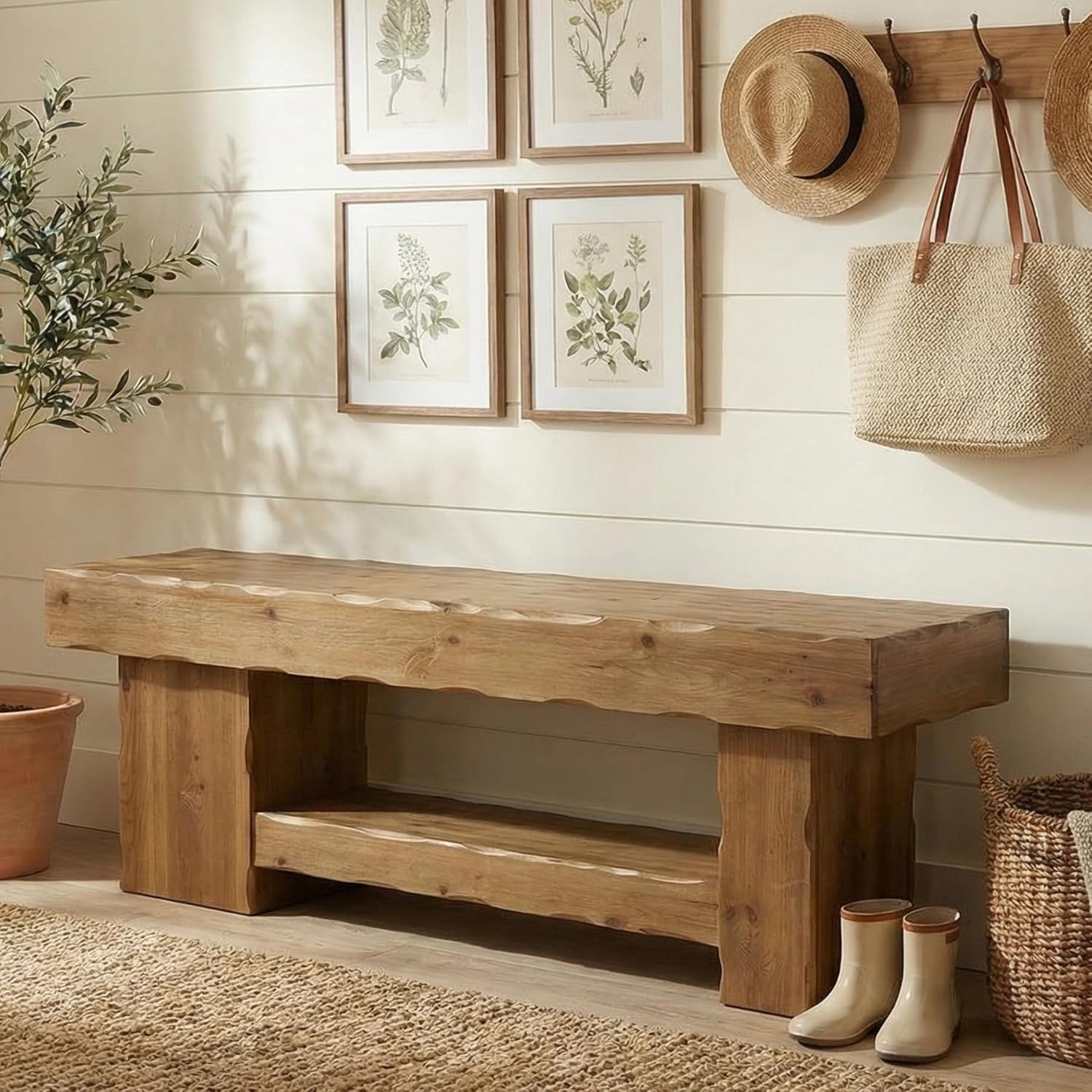 Solid Wood Entryway Shoe Bench, 63" End-of-Bed Bench with Storage Shelf