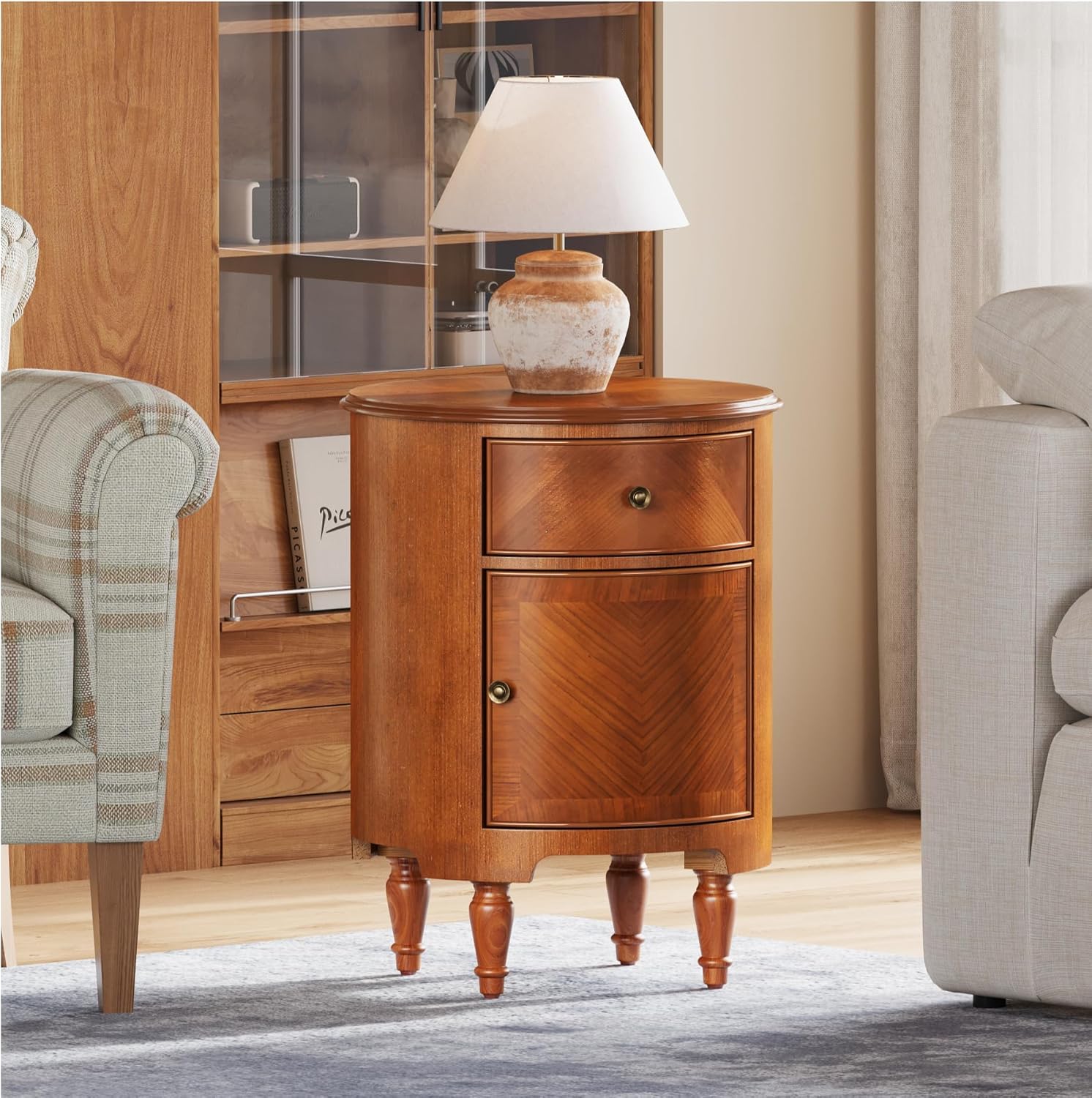 17.7" Round End Table, Solid Wood Sofa Side Table Nightstand with Drawer