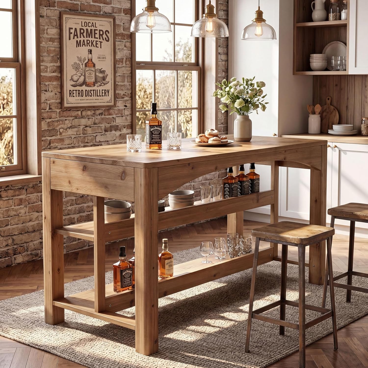 Tribesigns 59-Inch Bar Table, Farmhouse Counter Height Table with Storage Shelves for Kitchen Dining Room