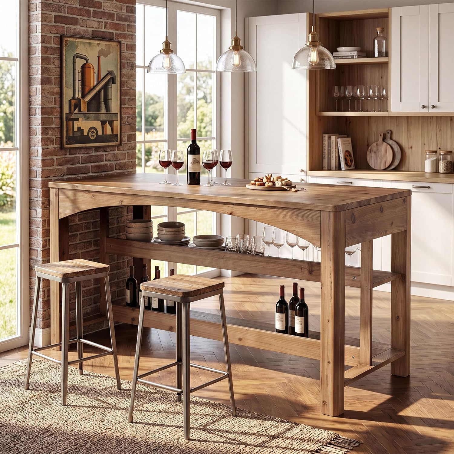 Tribesigns 59-Inch Bar Table, Farmhouse Counter Height Table with Storage Shelves for Kitchen Dining Room